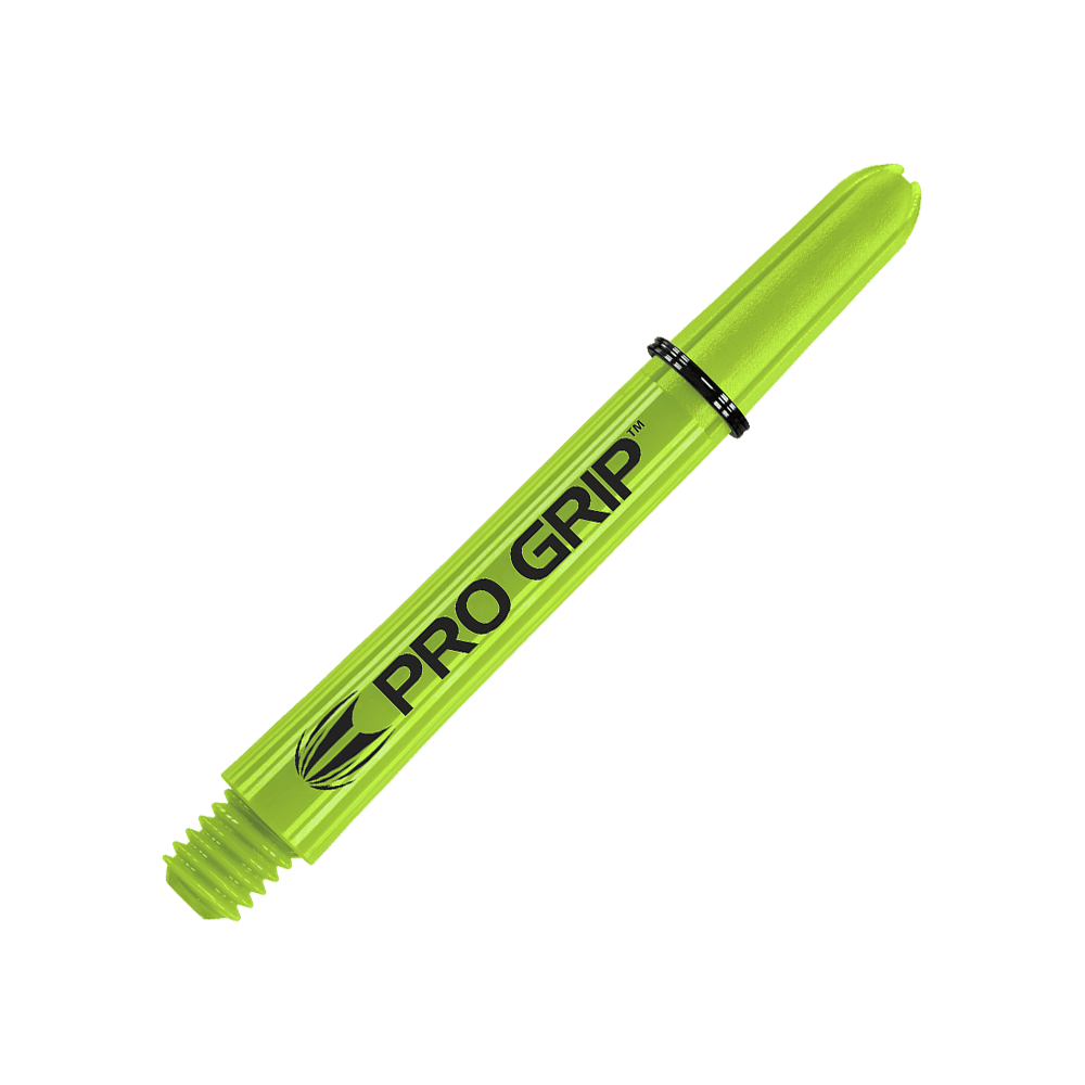 Target Pro Grip Shafts - 3 Sets - Lime Green Das Bild zeigt einen limegrünen Dart-Schaft mit der Aufschrift "PRO GRIP". Der Hintergrund ist passend in derselben Farbe gestaltet.