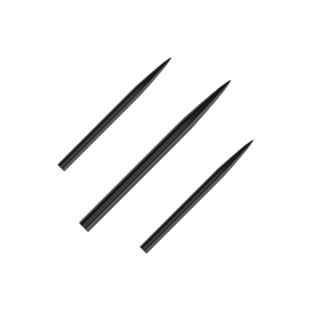 Harrows steel dart tips - black Auf dem Bild sind drei schwarze Stahlspitzen für Darts zu sehen. Sie sind in einer diagonalen Linie angeordnet und haben eine spitze Form.