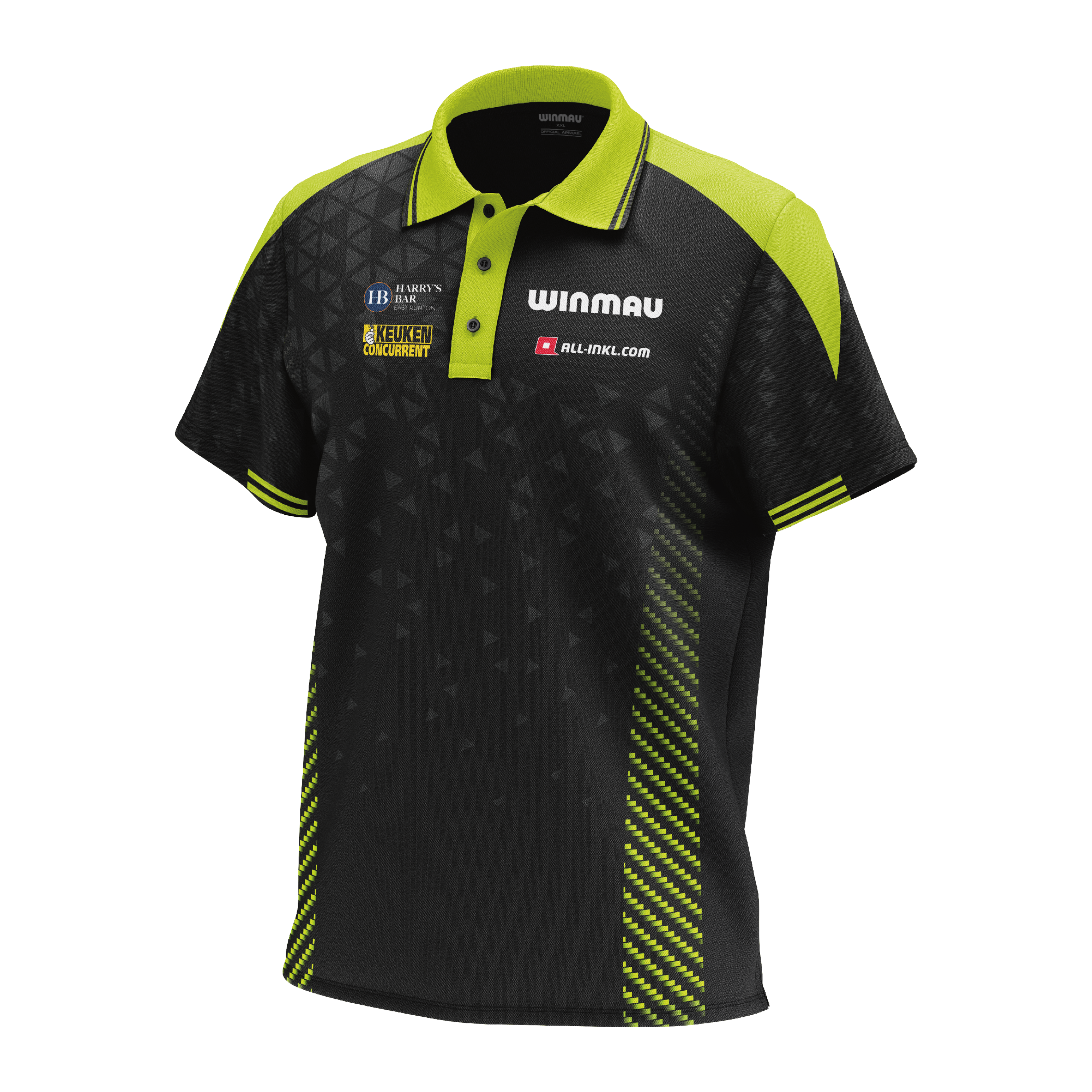 Das Bild zeigt das Winmau Michael Van Gerwen Stage Poloshirt. Es handelt sich um ein offizielles Poloshirt für Fans von Michael Van Gerwen.