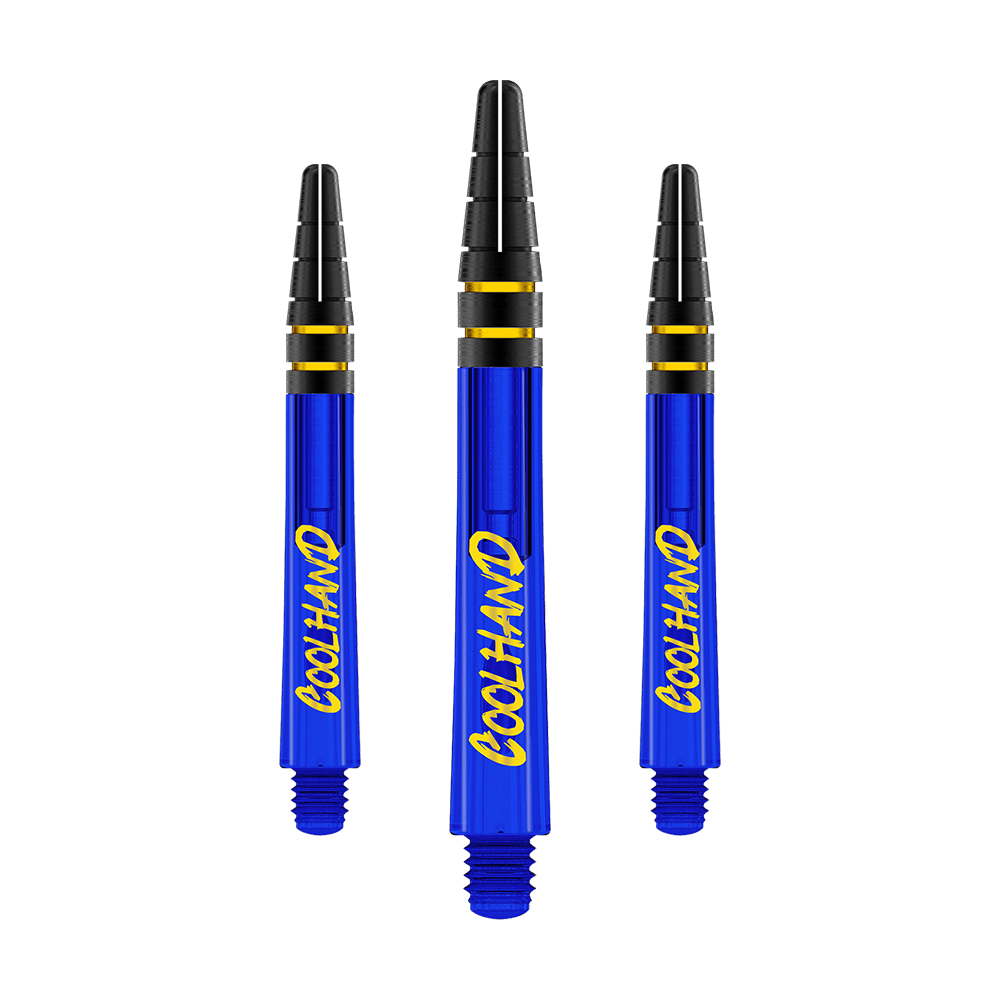 Red Dragon Nitrotech Luke Humphries Coolhand Shafts - Blue Auf dem Bild sind drei blaue Dartshafts mit der gelben Aufschrift „COOLHAND“ zu sehen. Die oberen Enden der Shafts sind schwarz mit goldenen Ringen verziert.