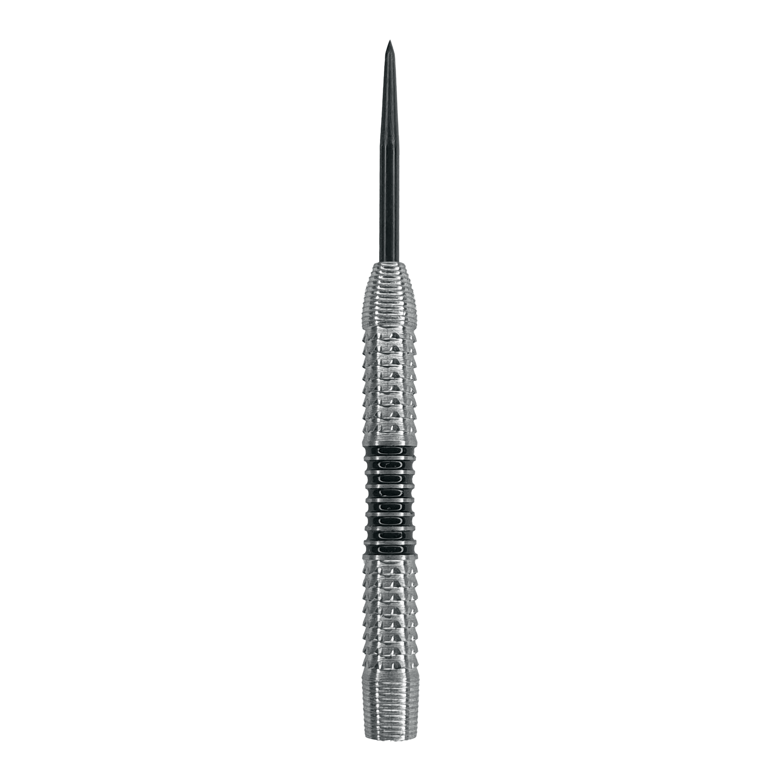 McDart Black Stripe 2 steel dart barrels - 22g Das Bild zeigt einen silbernen Steeldart-Barrel mit einer schwarzen Griffzone in der Mitte. Es handelt sich um das Produkt "McDart Black Stripe 2 Steeldart-Barrels - 22g".