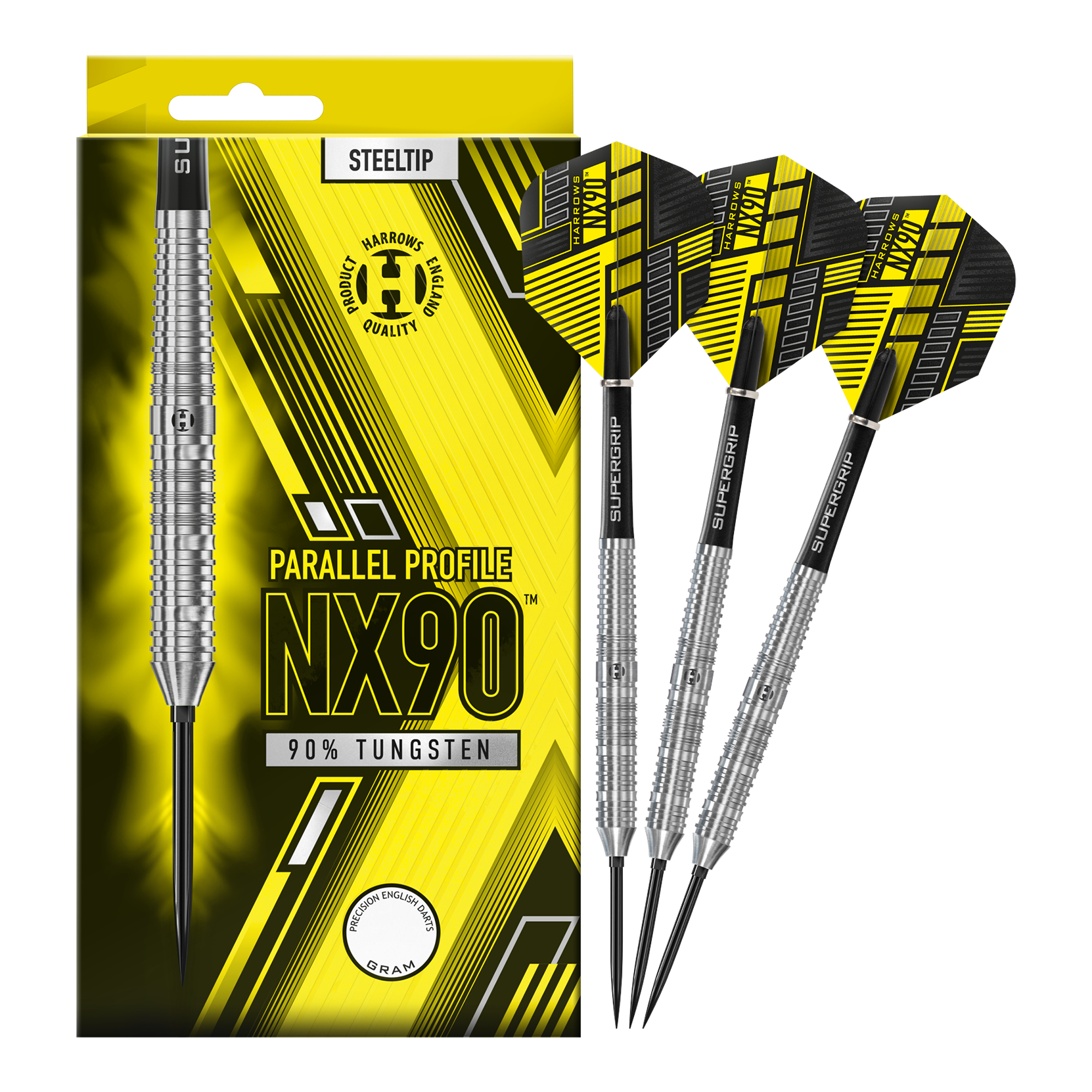 Abgebildet sind die Harrows NX90 Parallel Quick Point Steeldarts. Diese Darts sind bekannt für ihre Präzision und ihr paralleles Barrel.