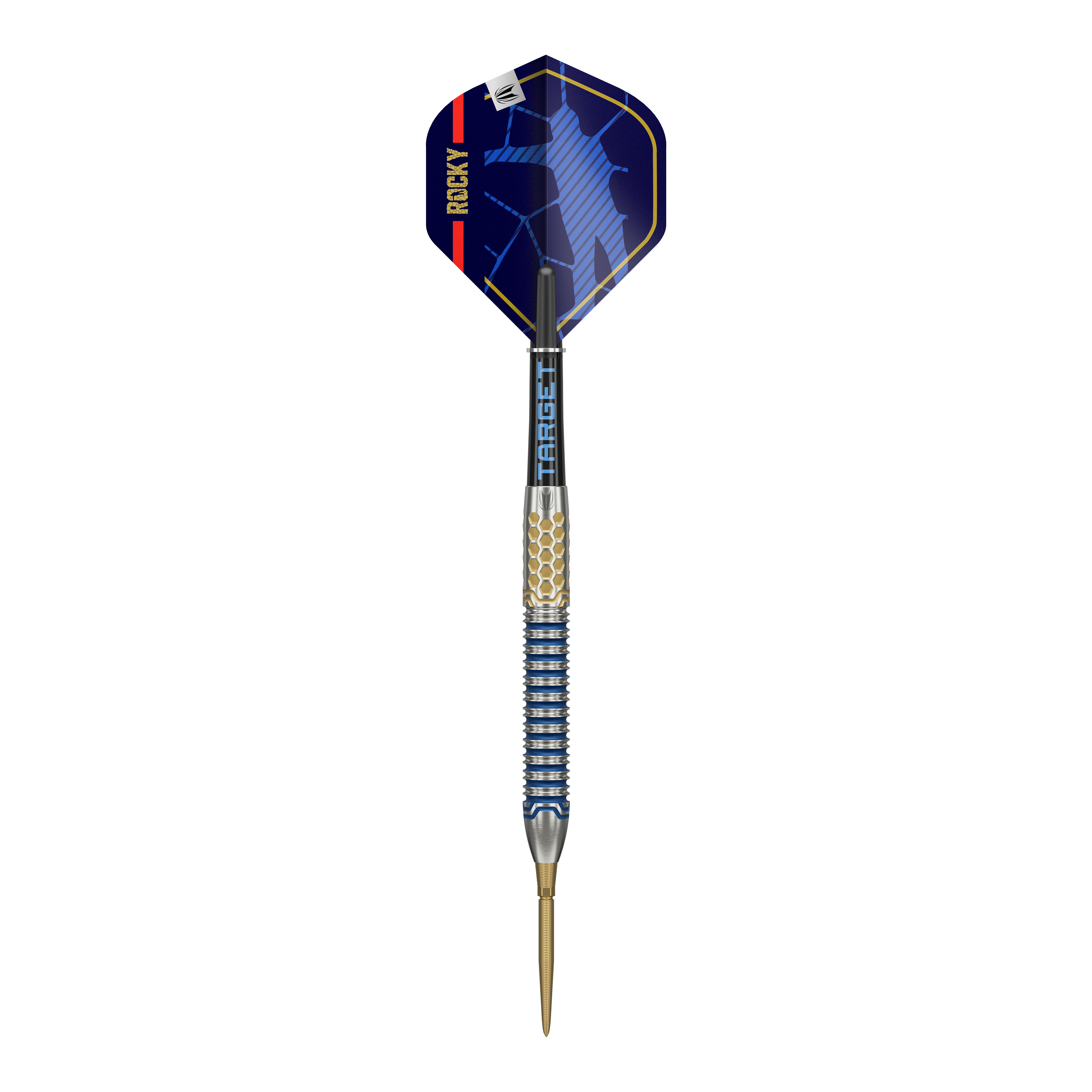 Target Josh Rock GEN1 Swiss Point Steel Darts Der Target Josh Rock GEN1 Swiss Point Steeldart hat ein modernes, auffälliges Design in Blau, Gold und Silber. Der Flight zeigt das Wort "ROCKY" und ein stilisiertes Motiv.