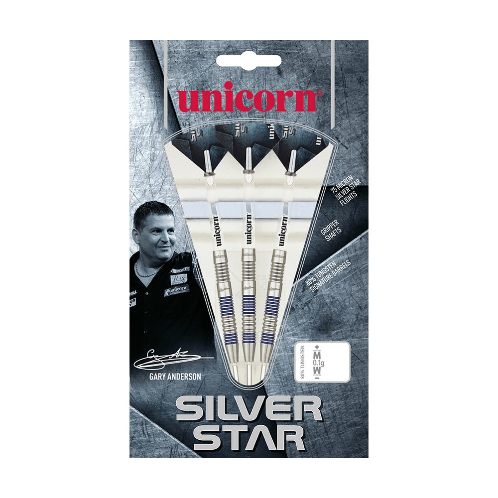 8775_Unicorn_Silver_Star_Var2_Gary_Anderson_Steeldarts_3 Auf dem Bild ist eine Verpackung mit drei Steel-Darts der Marke "Unicorn Silver Star" zu sehen. Die Verpackung zeigt außerdem ein Foto von Gary Anderson und enthält Details zu den Dartpfeilen.