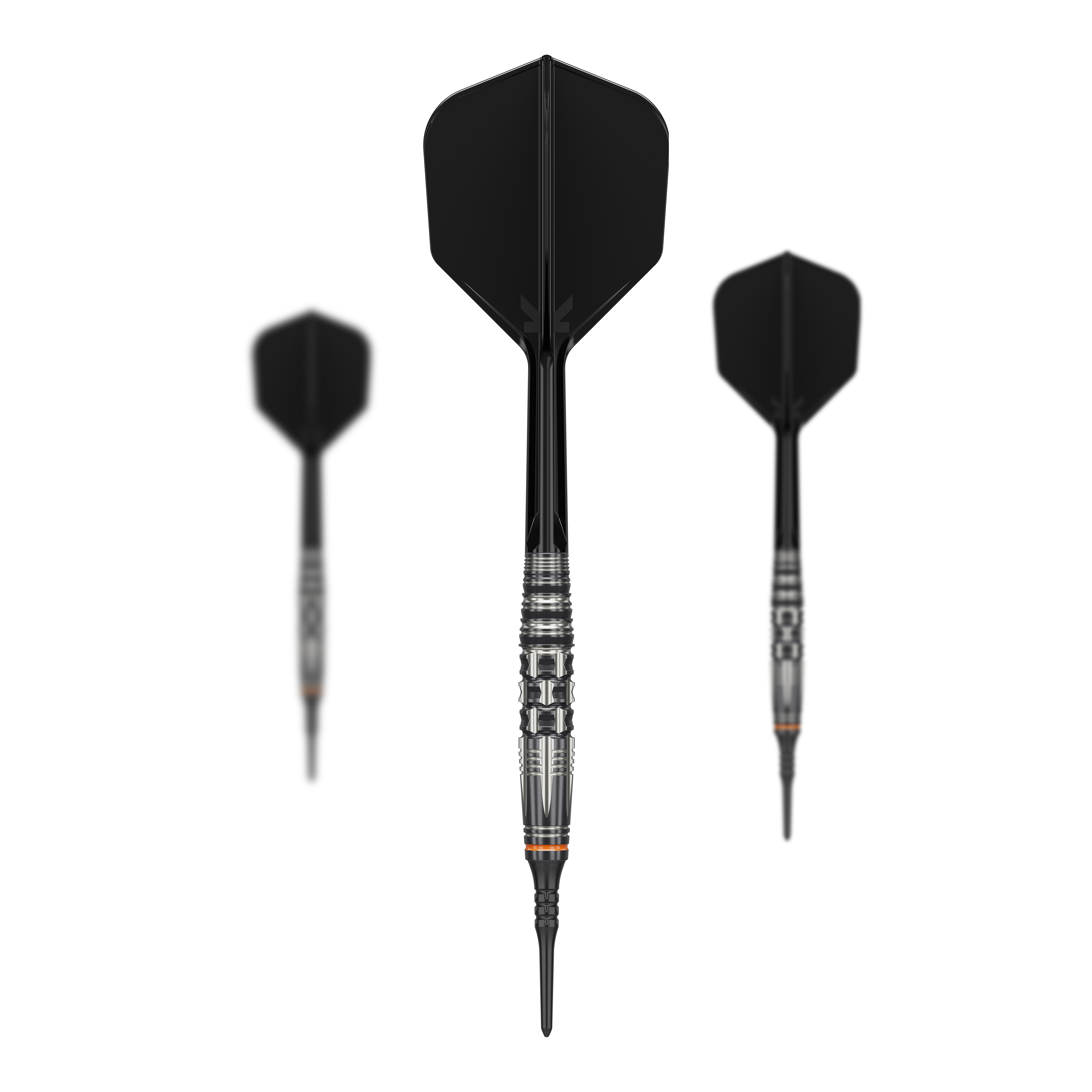 Target Japan Black Marque Dancing Duck GEN 4 Soft Darts - 17g Das Bild zeigt drei Softdarts des Modells "Target Japan Black Marque Dancing Duck GEN 4" mit einem Gewicht von 17g. Die Darts haben ein modernes, schwarzes Design mit silbernen Akzenten am Barrel.