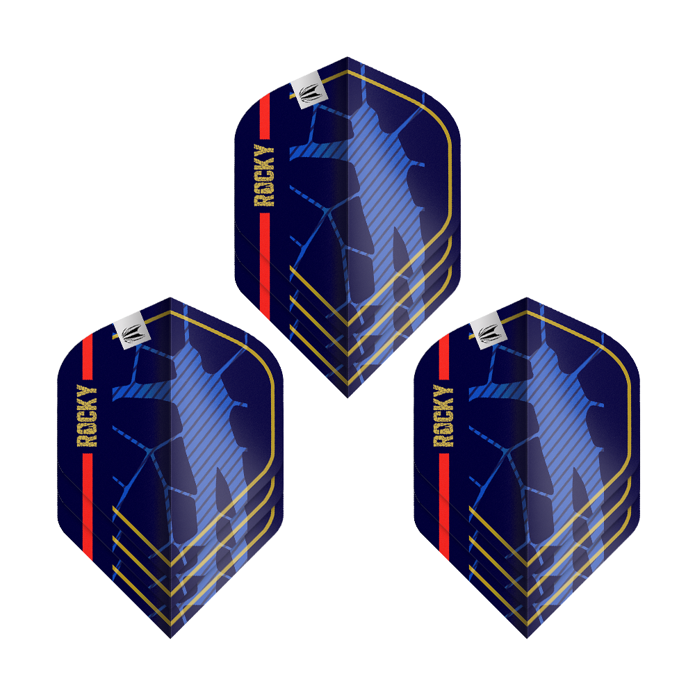 Target Pro Ultra Josh Rock GEN1 No2 Standard Flights - 3 Sets Das Bild zeigt drei Sätze der Target Pro Ultra Josh Rock GEN1 No2 Standard Flights. Die Flights sind dunkelblau mit goldenen, roten und blauen Akzenten sowie dem Schriftzug "ROCKY".