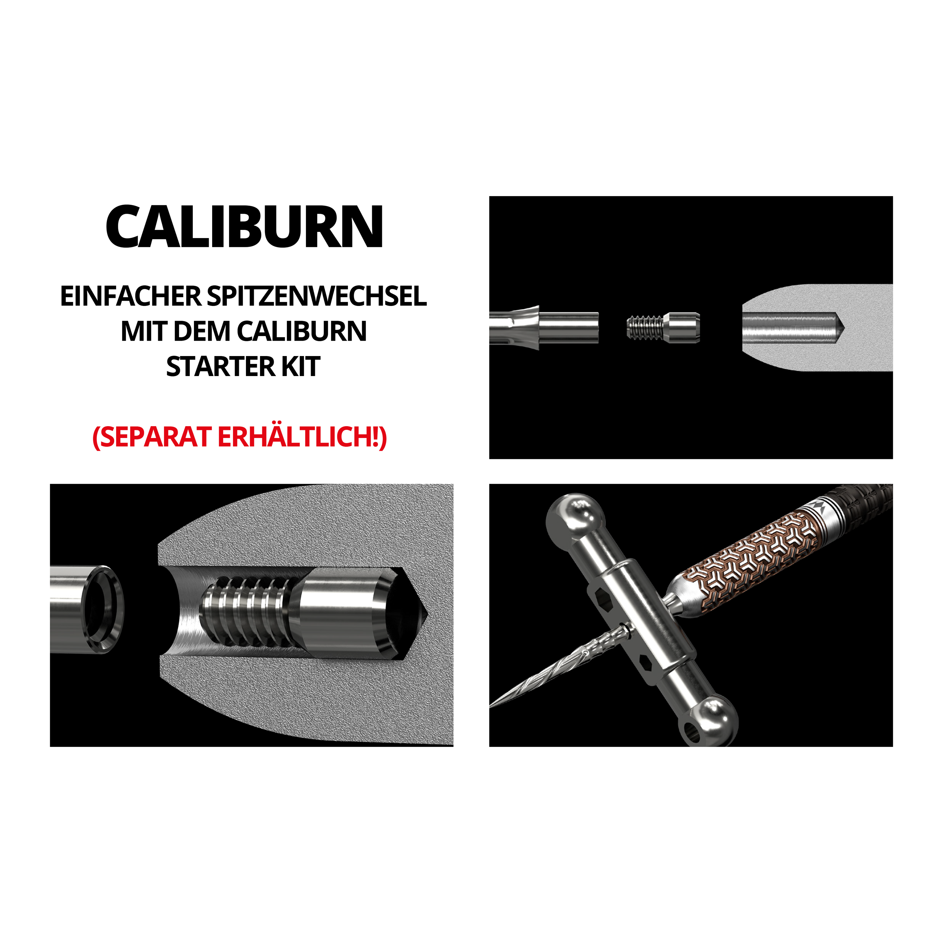 Caliburn System Spigots Das Bild zeigt das Produkt "Caliburn System Spigot - 2,33 mm" mit detaillierten technischen Zeichnungen. Es ist darauf hingewiesen, dass das Produkt separat erhältlich ist.