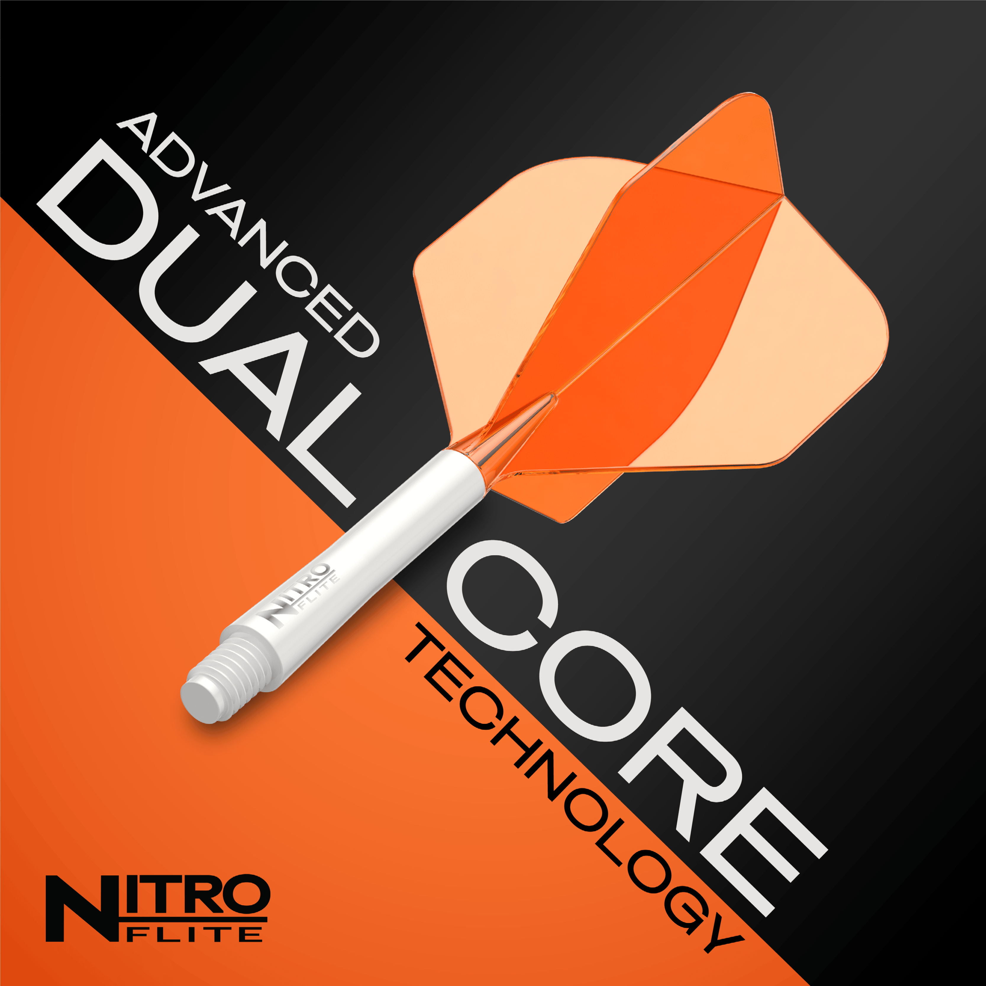 Red Dragon Nitroflite White Shaft Orange Flights No2 Gezeigt wird das Produkt Red Dragon Nitroflite White Shaft Orange Flights No2. Es handelt sich um einen weißen Dart-Schaft mit orangefarbenen Flights.