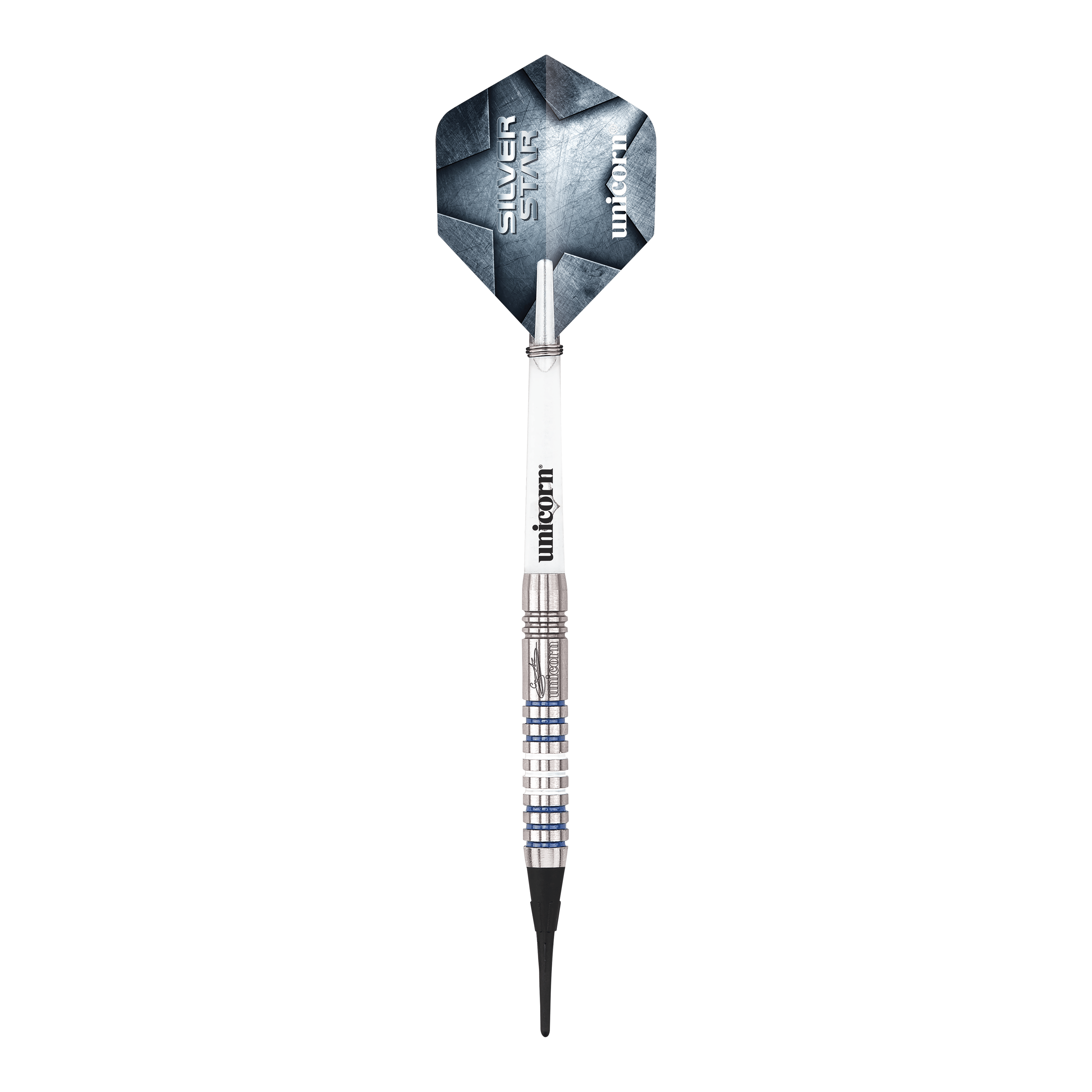 Unicorn Silver Star Var.3 Gary Anderson soft darts Hier sind die Unicorn Silver Star Var.3 Gary Anderson Softdarts zu sehen. Die silbernen Dartpfeile sind detailliert abgebildet.