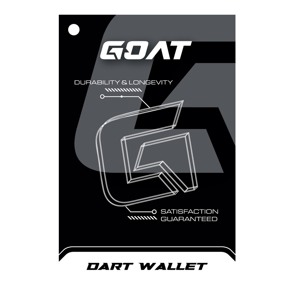GOAT Locker S Dartwallet Das Bild zeigt die Verpackung des Produkts "GOAT Locker S Dartwallet". Es hebt die Eigenschaften Langlebigkeit und Zufriedenheit hervor.