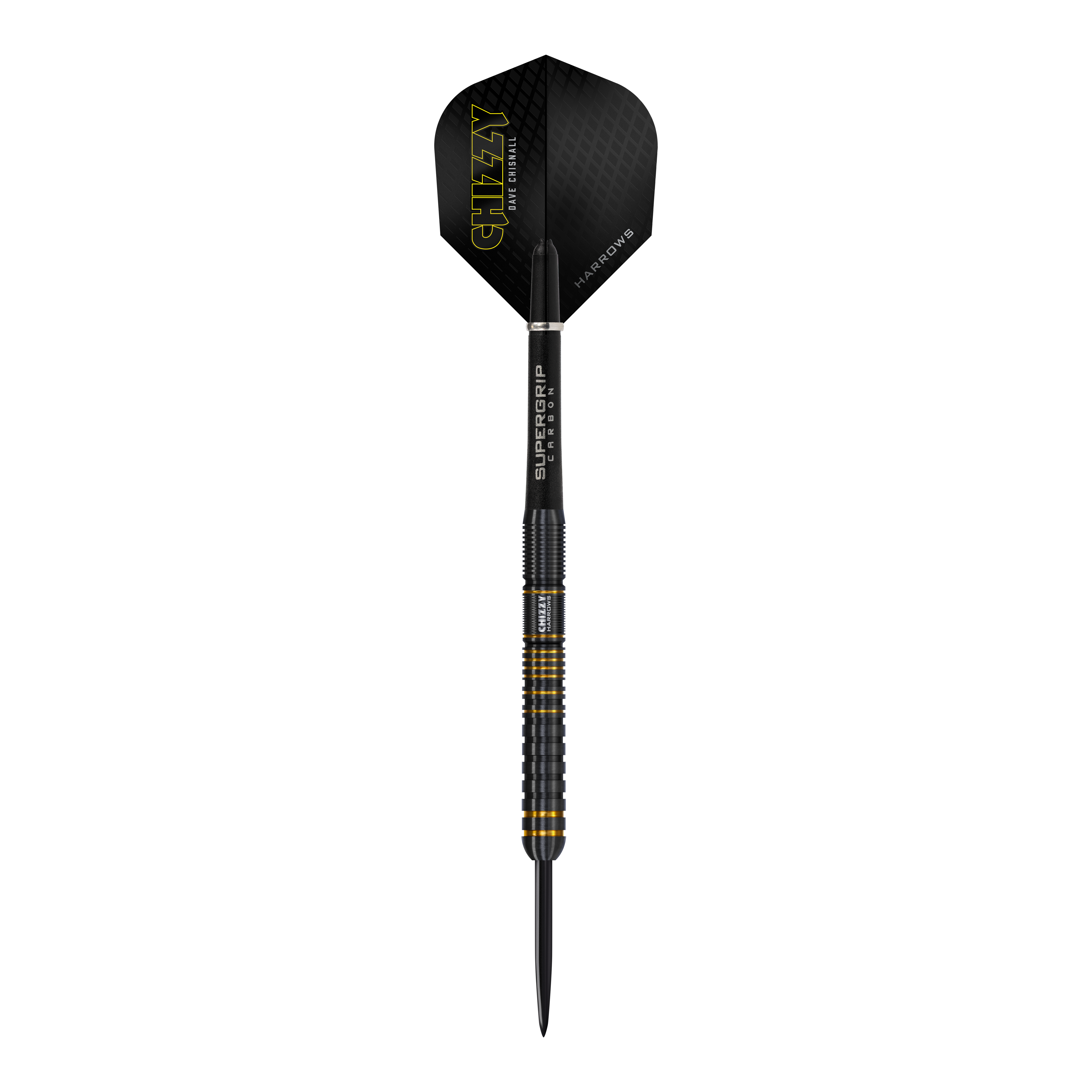 Harrow's Dave Chisnall Chizzy Series 3 steel darts Das Bild zeigt den Harrows Dave Chisnall Chizzy Series 3 Steeldart. Der Dart ist schwarz mit gelben Akzenten und hat den Schriftzug "CHIZZY" auf dem Flight.