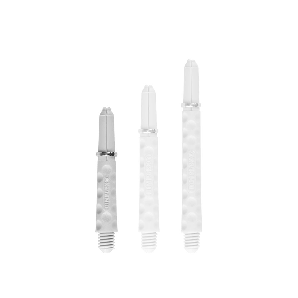 Harrows Dimplex Shafts - White Das Bild zeigt drei weiße Dartschäfte in unterschiedlichen Längen. Sie haben eine strukturierte Oberfläche und einen Schraubgewinde am unteren Ende.
