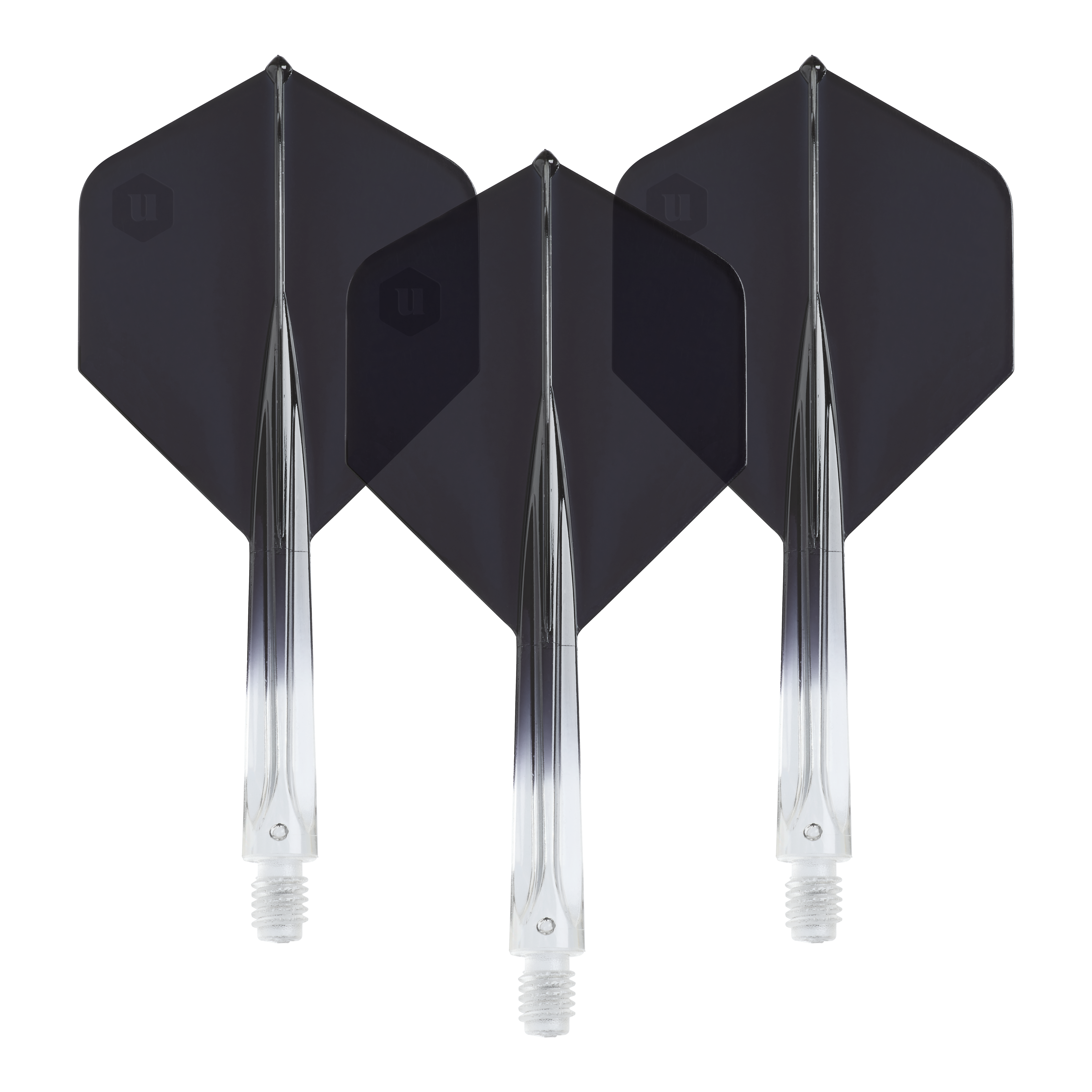 Die Unicorn Forge Two Tone No2 Standard Flights in Schwarz sind hier abgebildet. Das Produkt besteht aus klaren und schwarzen Dartflights.