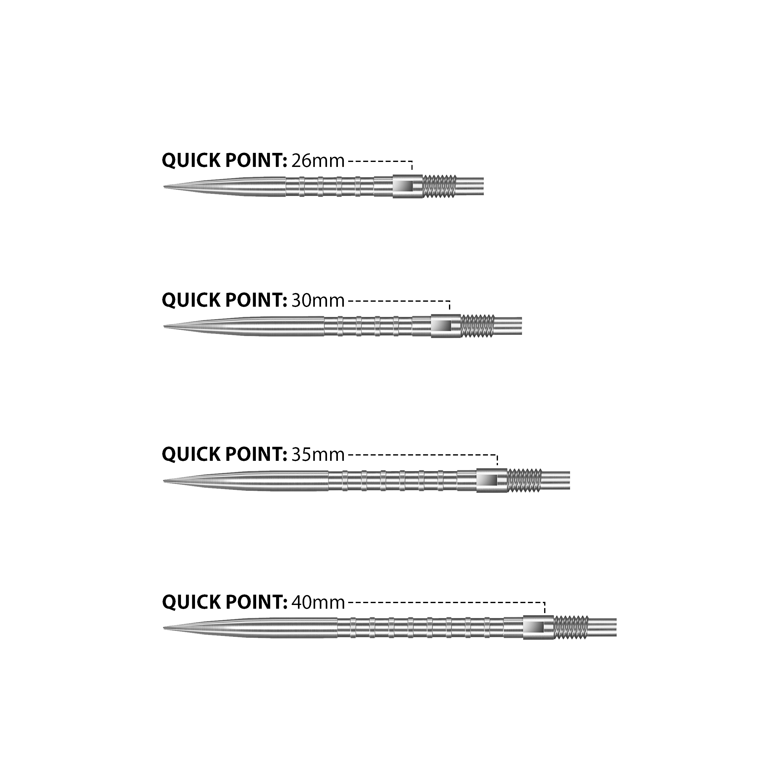 Das Bild zeigt Harrows Quick Point Heavy Metal Dartspitzen in Silber. Diese Dartspitzen bieten eine gute Griffigkeit und Langlebigkeit.
