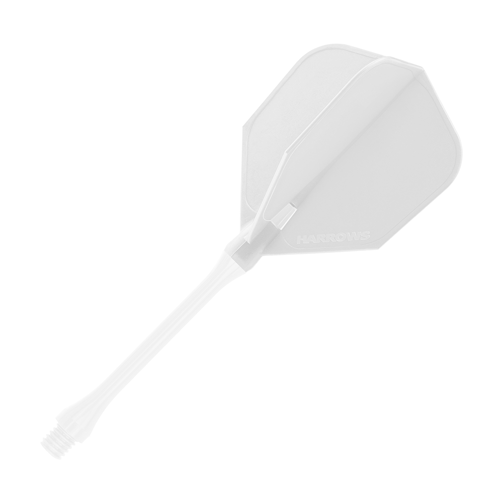 HRC-110_Harrows_Clic_Standard_Flight_White_2 Auf dem Bild ist ein weißer Harrows Clic Standard Flight für Darts zu sehen. Er besteht aus einem stabilen Shaft und einem klassischen, flügelartigen Flight-Design.