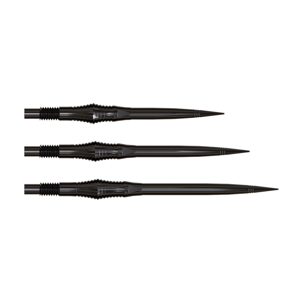 Harrows Quick Point Spire Elite Series Dartspitzen in Schwarz. Die Spitzen sind schlank und dunkel gefärbt.