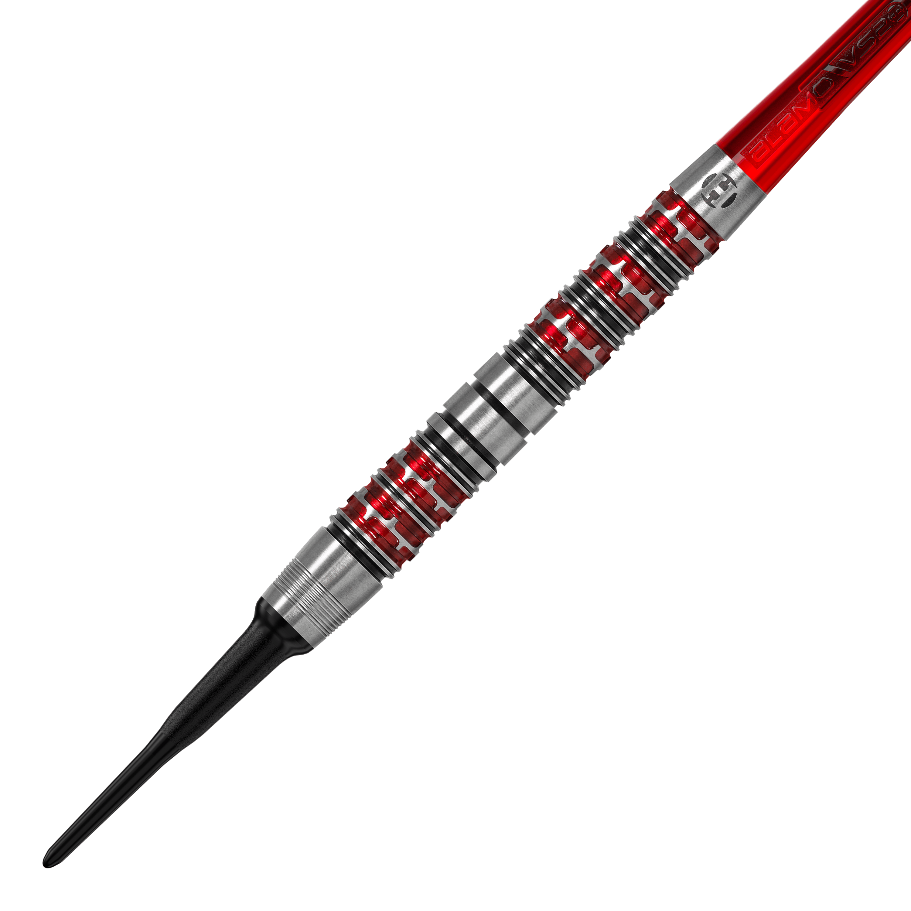 Harrow's Damon Heta Series 3 soft darts Dies ist ein Harrows Damon Heta Series 3 Softdart. Der Dartpfeil hat ein silbernes Griffstück mit roten Akzenten und einer schwarzen Spitze.