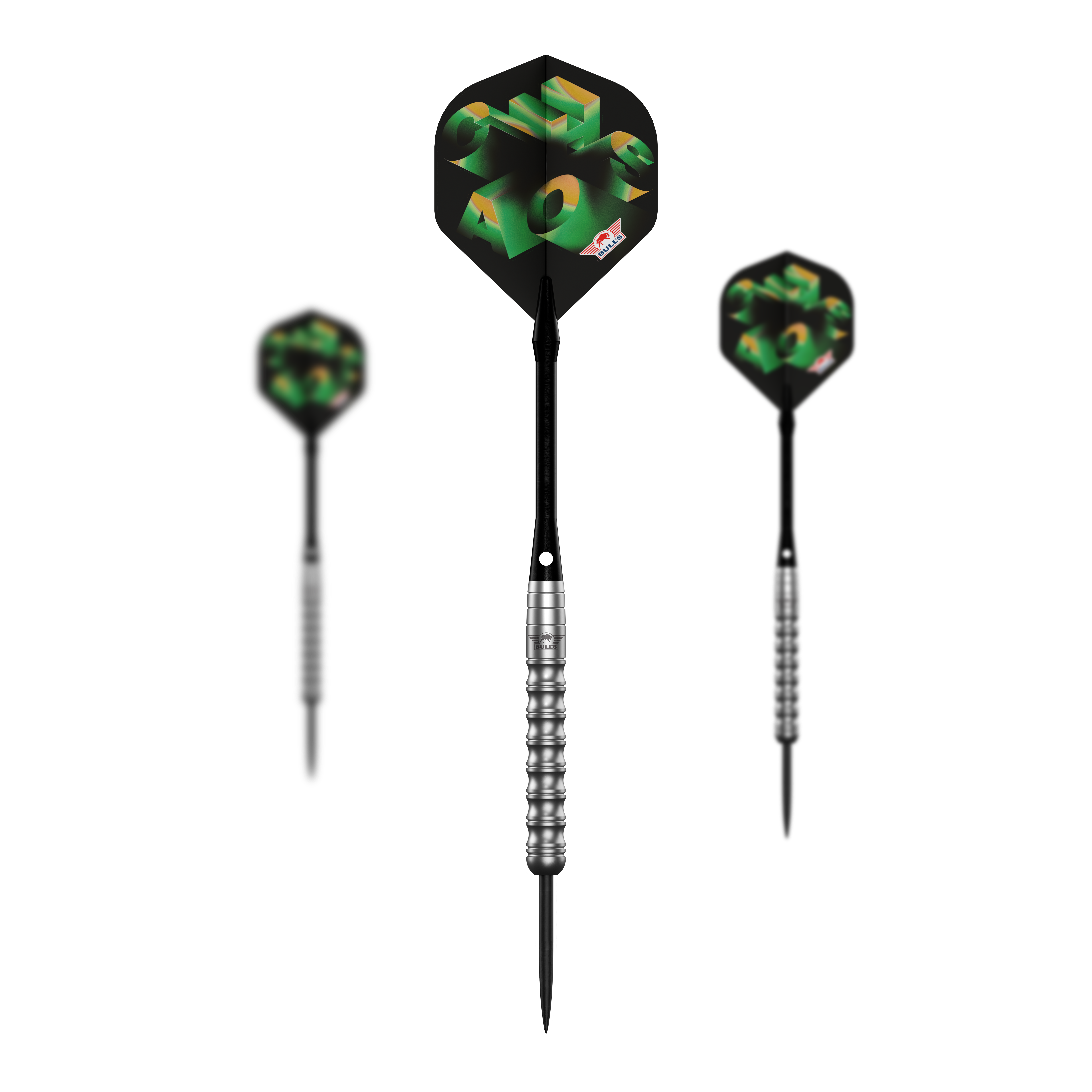 Bulls NL Chaos Green Steel Darts - 24g Abgebildet ist das komplette Set der Bulls NL Chaos Green Steeldarts - 24g. Das Set enthält mehrere grüne Steeldarts.