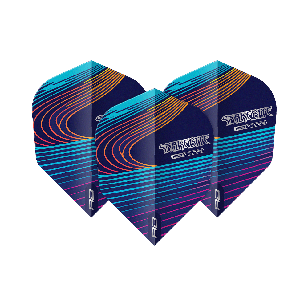 Das Bild zeigt drei Dart-Flights mit dem Namen "Red Dragon Peter Wright Snakebite Multi No6 Flights". Die Flights sind dunkelblau mit bunten, geschwungenen Linien und dem Schriftzug "Snakebite".