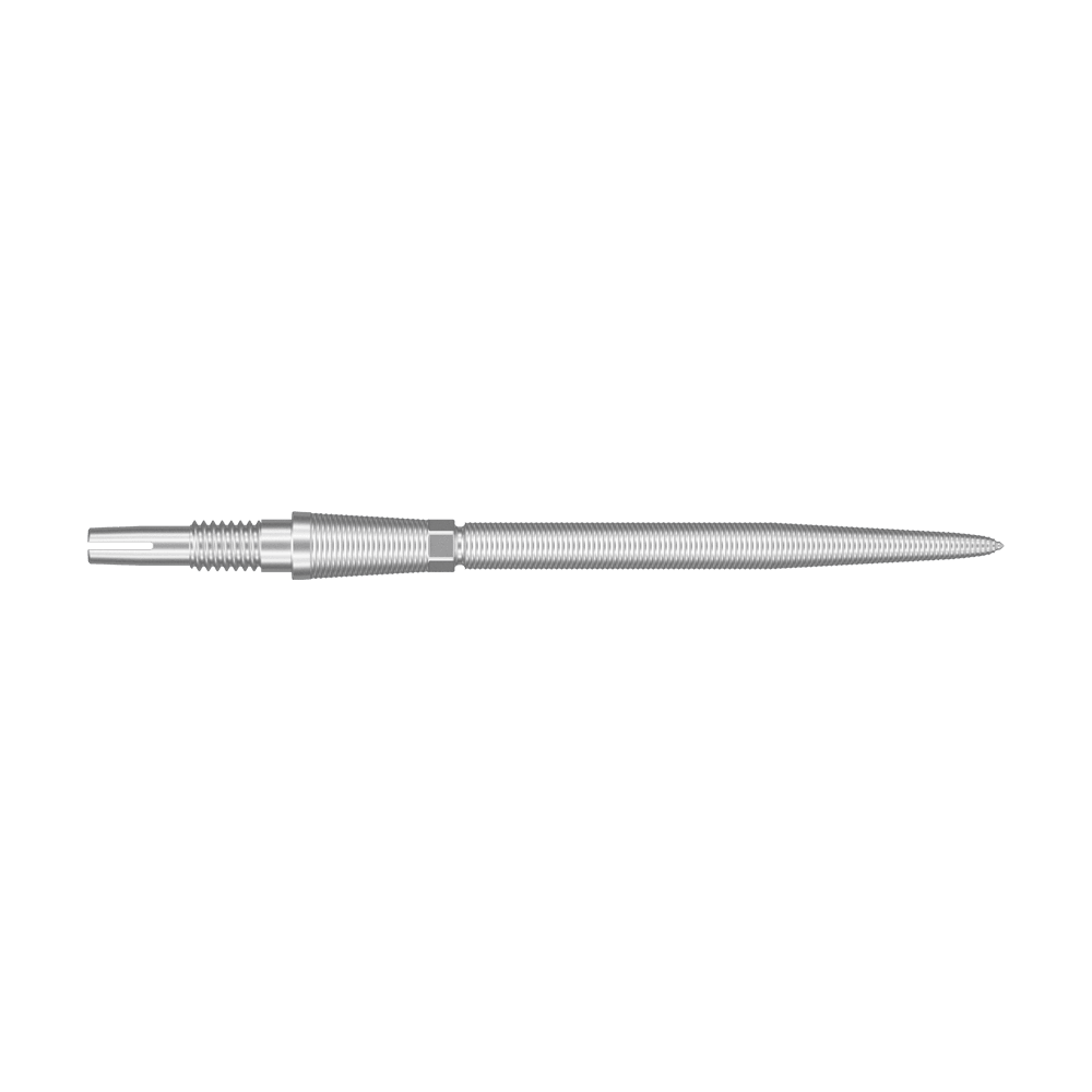 Target Swiss Storm Nano Point Dartspitzen - Silber Das Bild zeigt eine silberne Dartspitze mit feinen Rillen. Sie ist lang und schmal gestaltet.