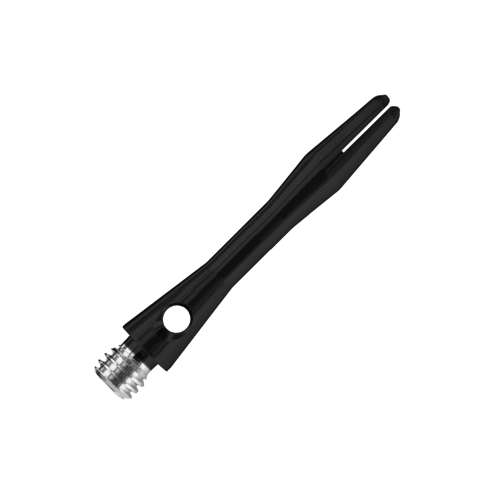 Das Bild zeigt einen Harrows Keramic Shaft in mattem Schwarz. Der Schaft hat ein elegantes, glattes Design mit einem silbernen Gewinde am Ende.
