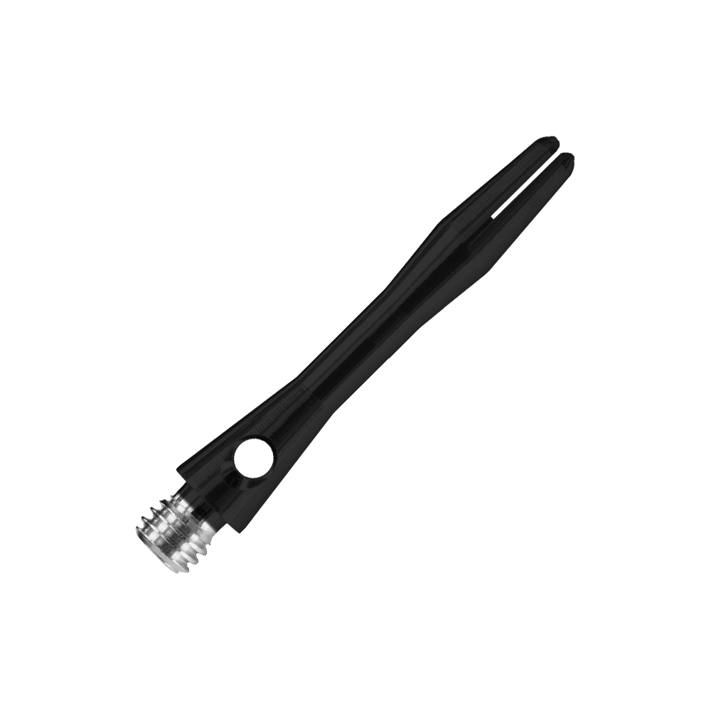 HR366_Harrows_Keramic_Shafts_Schwarz_35mm_2 Das Bild zeigt einen Harrows Keramic Shaft in mattem Schwarz. Der Schaft hat ein elegantes, glattes Design mit einem silbernen Gewinde am Ende.