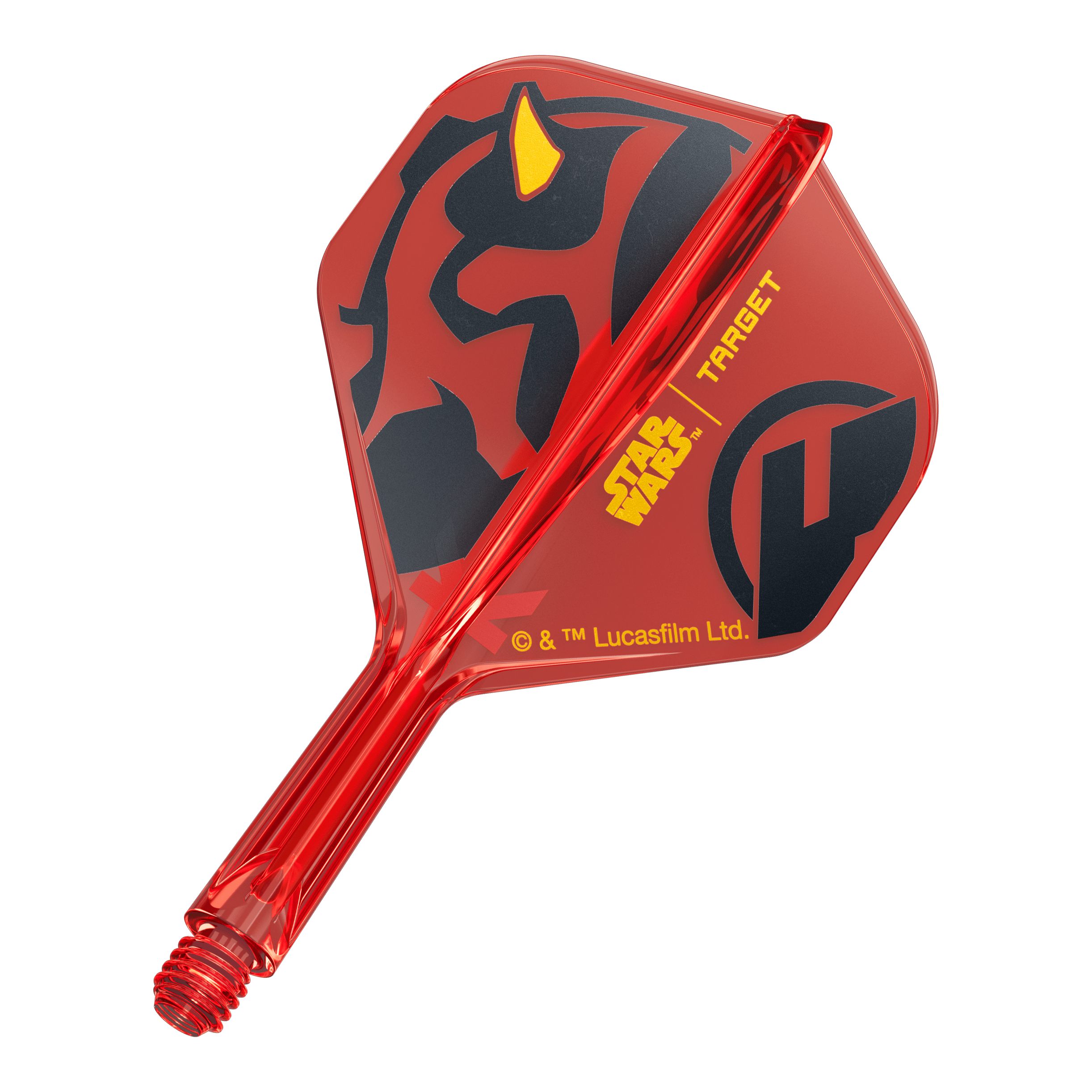 Target Star Wars K-Flex Darth Maul No2 Standard Flights Das Bild zeigt den Artikel 410523_Target_StarWars_KFlex_DarthMaul_No2_Standard_Flights_Short_19mm_1. Es handelt sich vermutlich um kurze Dart-Flights mit Star Wars Darth Maul Design.