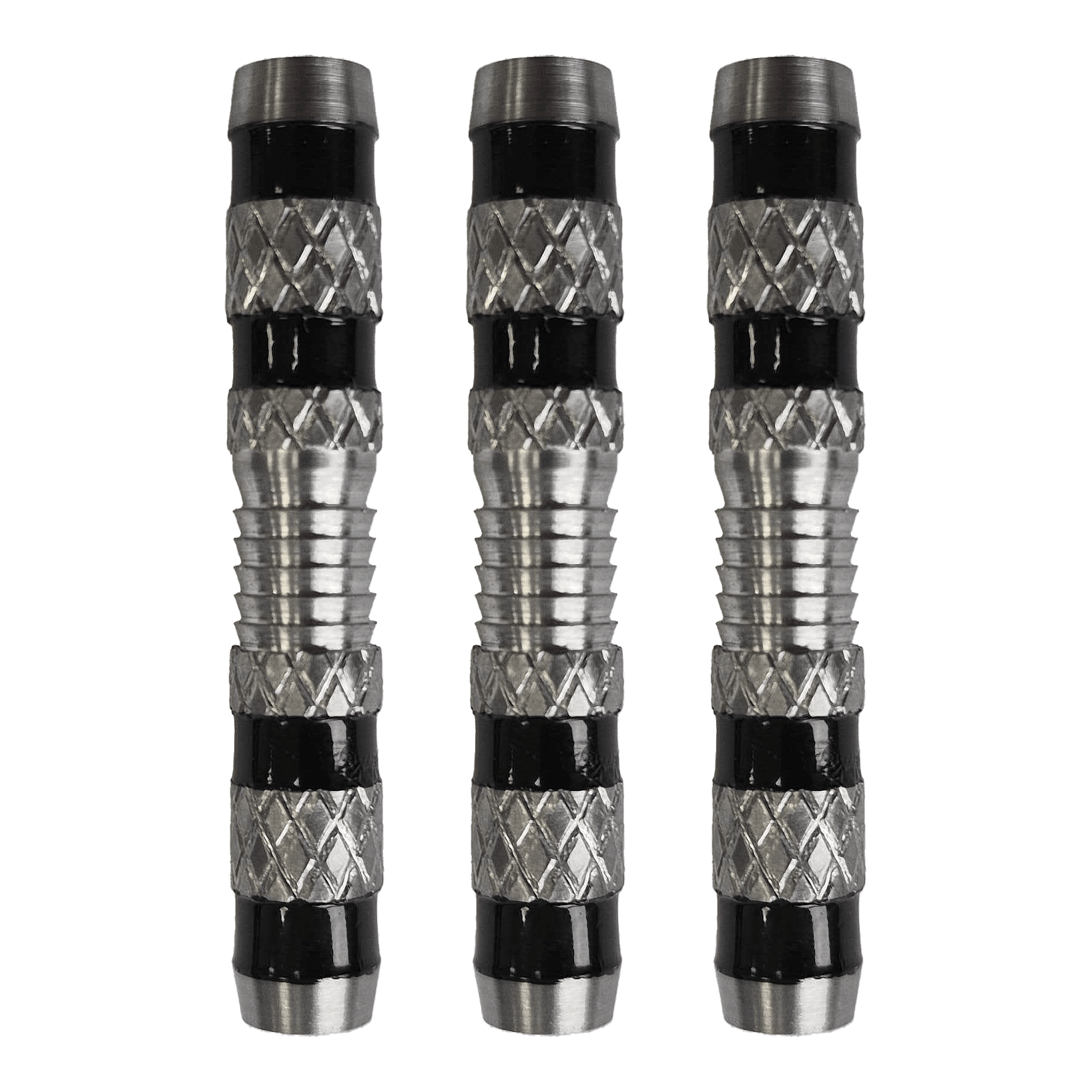 McDart Knurled Grip Soft Dart Barrels - 18g Das Bild zeigt drei silberne Softdart-Barrels mit einem geriffelten Griff und schwarzen Rillen. Es handelt sich um das Produkt „McDart Knurled Grip Softdart-Barrels - 18g“.