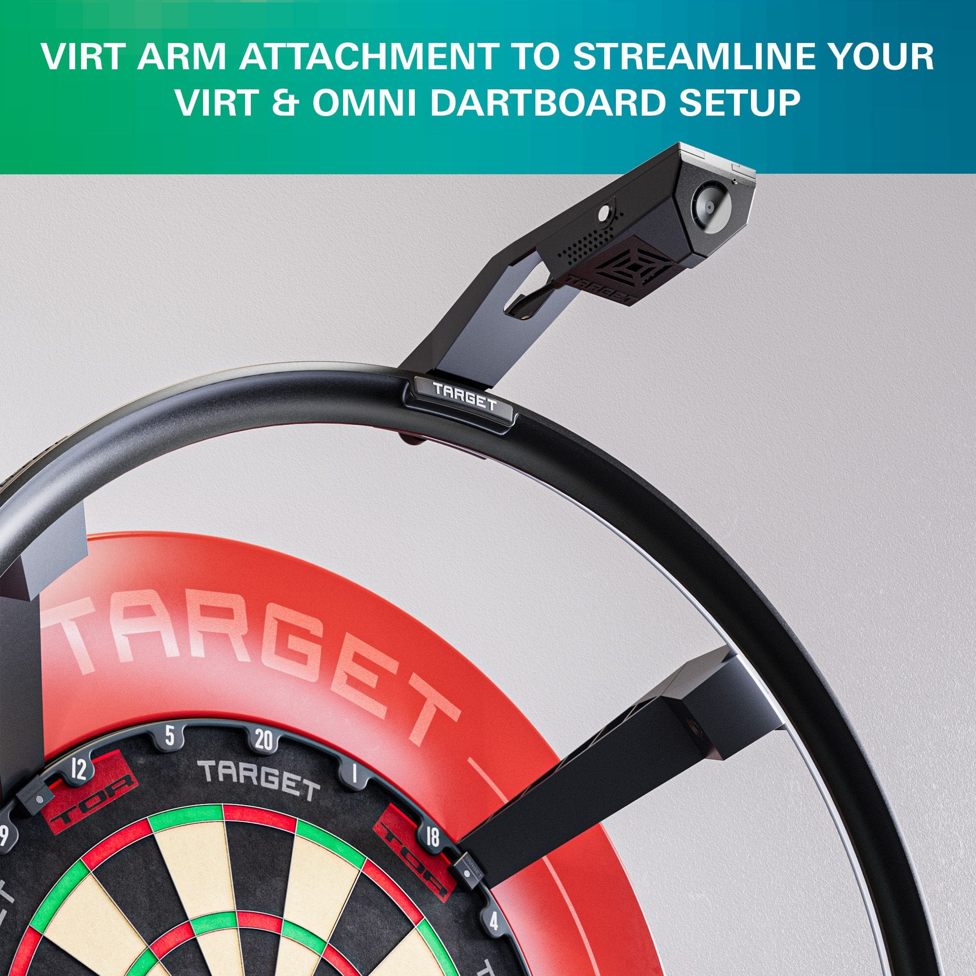 Target OMNI VIRT camera arm Auf dem Foto ist der Target OMNI VIRT Kamera Arm zu sehen. Der Artikel ermöglicht eine optimale Kameraposition am Dartboard.