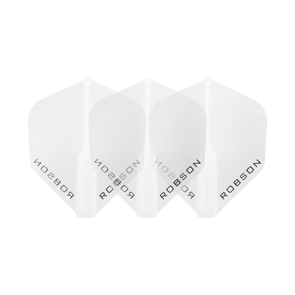 Robson Plus Flights - Standard Das Bild zeigt drei klare Dart-Flights der Marke Robson. Die Flights sind nebeneinander angeordnet und tragen den Schriftzug "ROBSON".