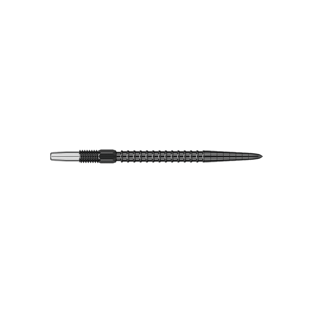 Target Swiss Point Chrono Dart Tips - Black Das Bild zeigt eine schwarze Dartspitze mit einem geriffelten Griffbereich. Die Spitze ist lang und schlank geformt.