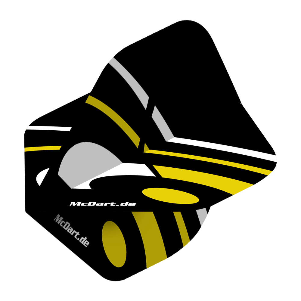 McDart ID Standard Flights - Yellow Das Bild zeigt einen McDart ID Standard Flight in Gelb mit schwarzen, gelben und grauen Designelementen. Auf dem Flight steht der Schriftzug "McDart.de".