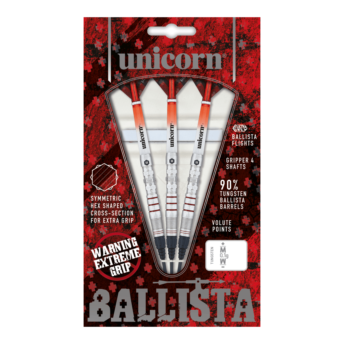 Unicorn Ballista Style 3 soft darts Das Bild zeigt eine Packung "Unicorn Ballista Style 3 Softdarts" mit drei Dartpfeilen. Die Verpackung hebt das symmetrische Hex-Muster für zusätzlichen Grip und 90% Tungsten-Barrels hervor.