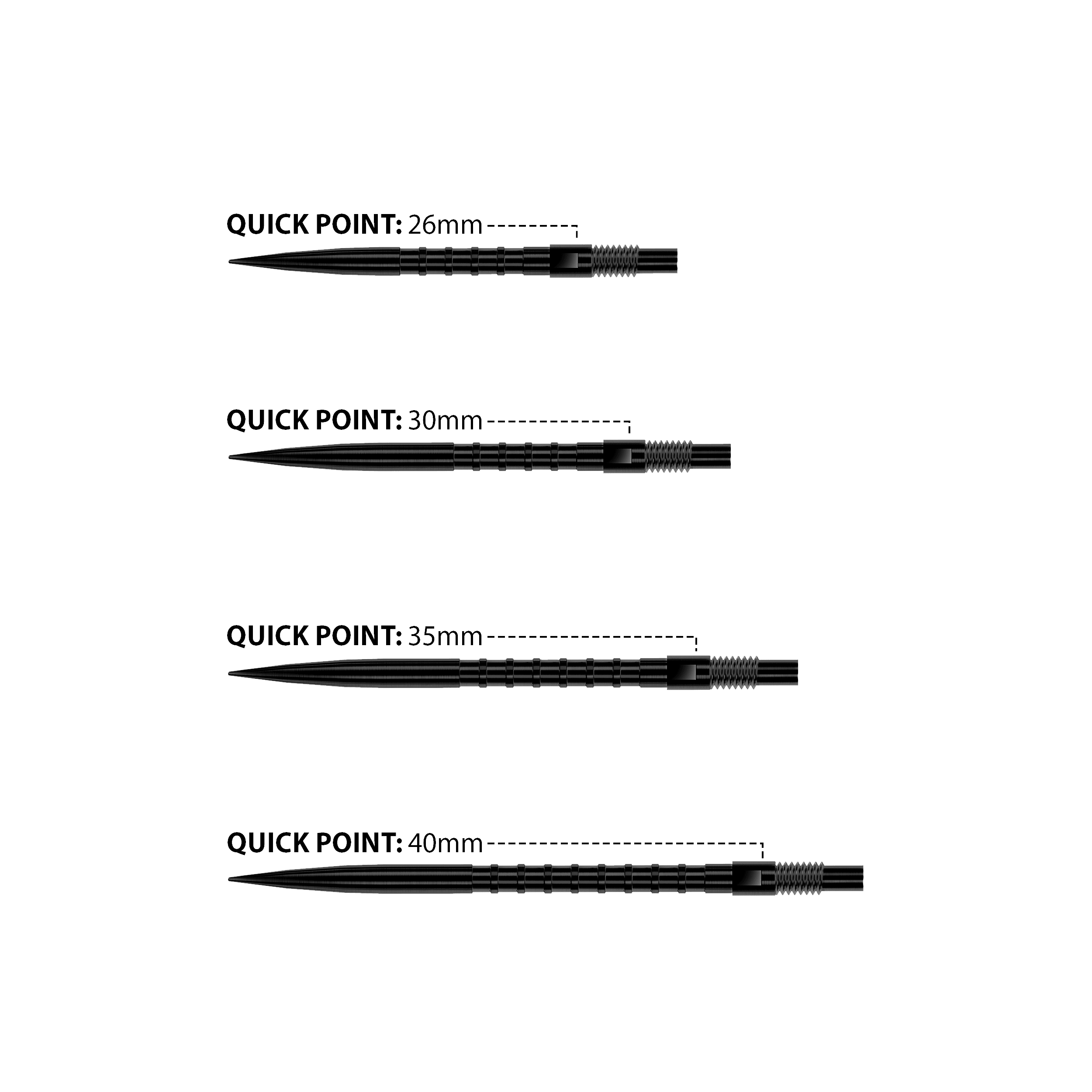 Harrows Quick Point Heavy Metal Dart Tips - Black Das Bild zeigt Harrows Quick Point Heavy Metal Dartspitzen in Schwarz. Sie sind robust und für präzise Würfe geeignet.