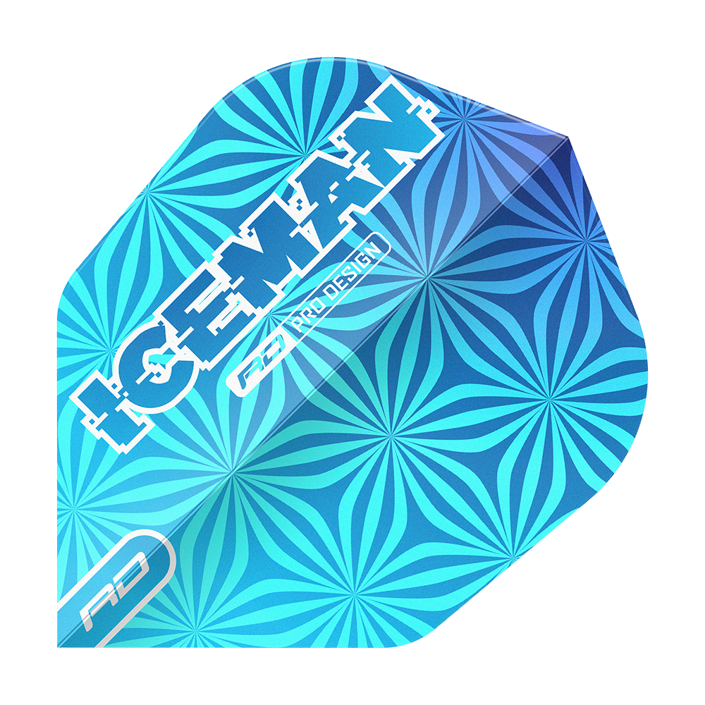 Das Bild zeigt einen blauen Dart-Flight mit einem auffälligen geometrischen Muster. Auf dem Flight steht in weißen Buchstaben das Wort „ICEMAN“ sowie „RD PRO DESIGN“.