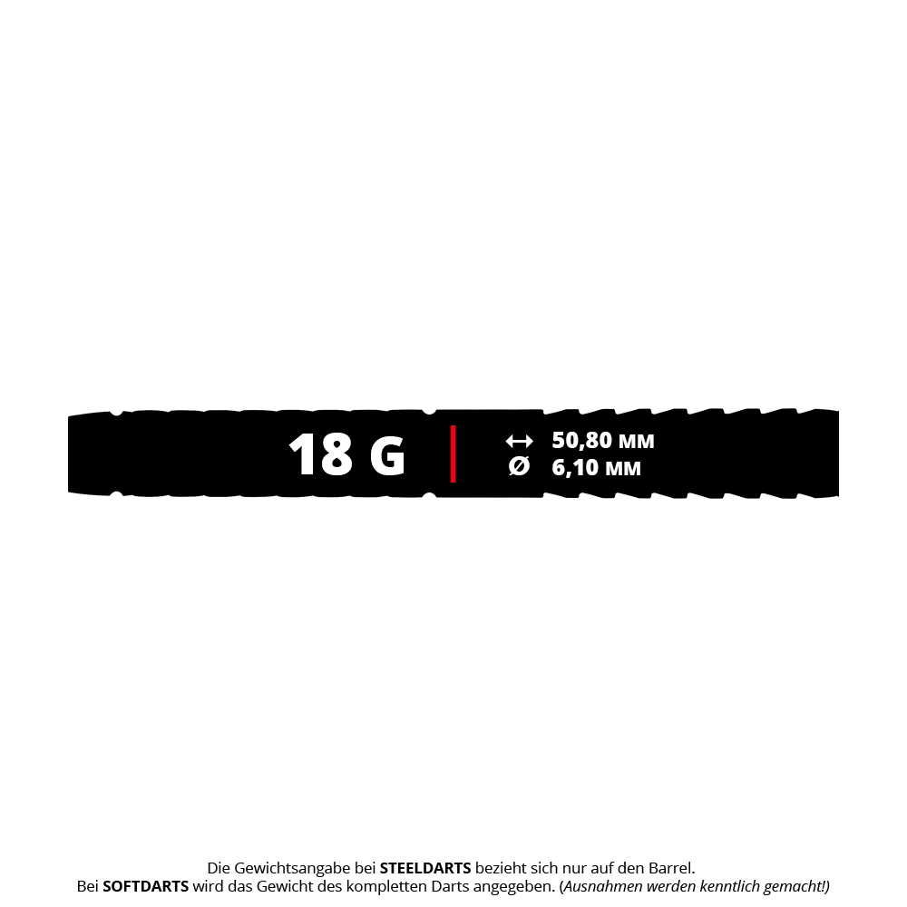 Red Dragon Gerwyn Price Glacier Softdarts - 18g Das Bild zeigt die Produktinformationen der Red Dragon Gerwyn Price Glacier Softdarts mit einem Gewicht von 18 Gramm. Die Länge beträgt 50,80 mm und der Durchmesser 6,10 mm.