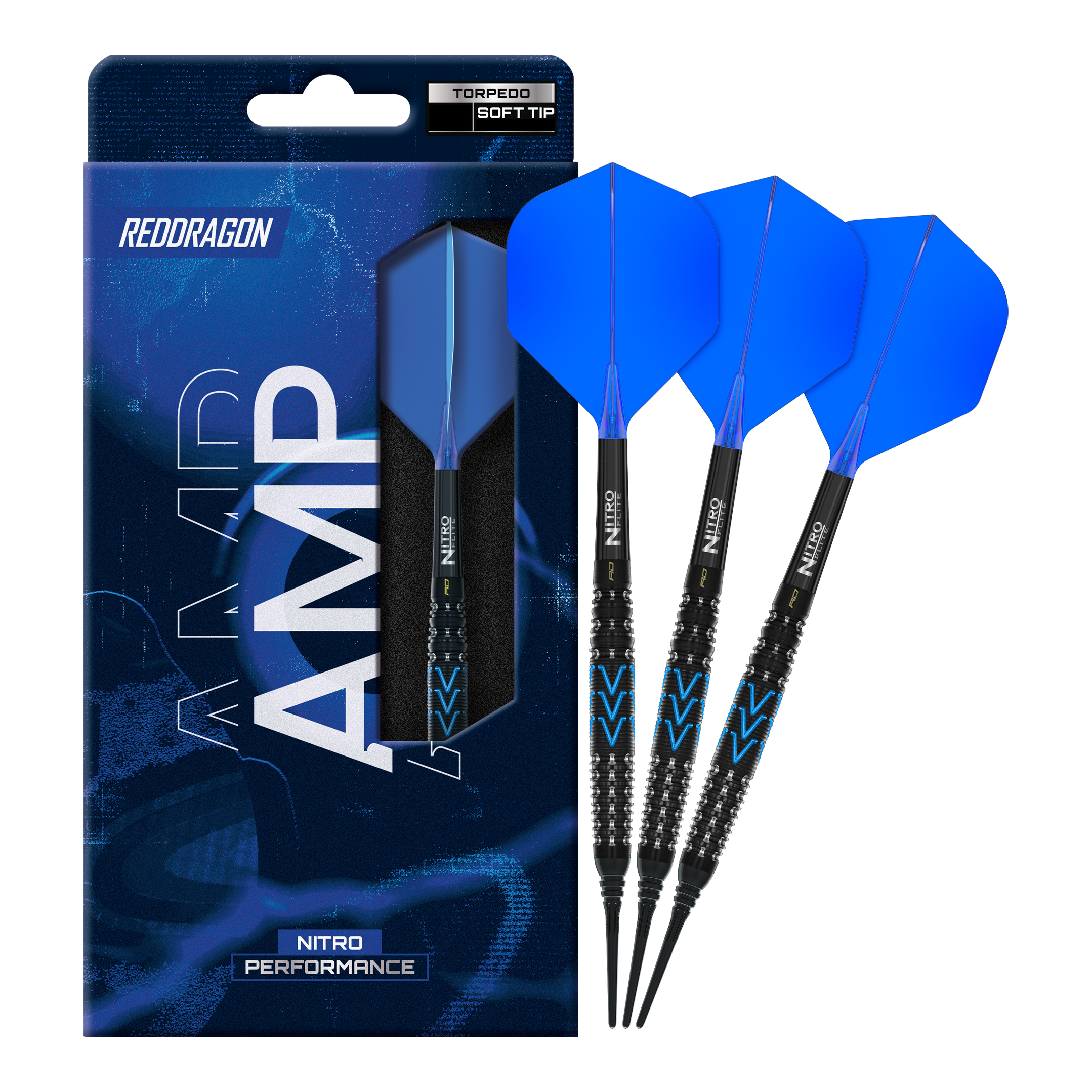 Gezeigt wird ein vollständiger Satz Red Dragon Amp Torpedo Softdarts mit 22g. Das Set eignet sich für das Softdartspiel.