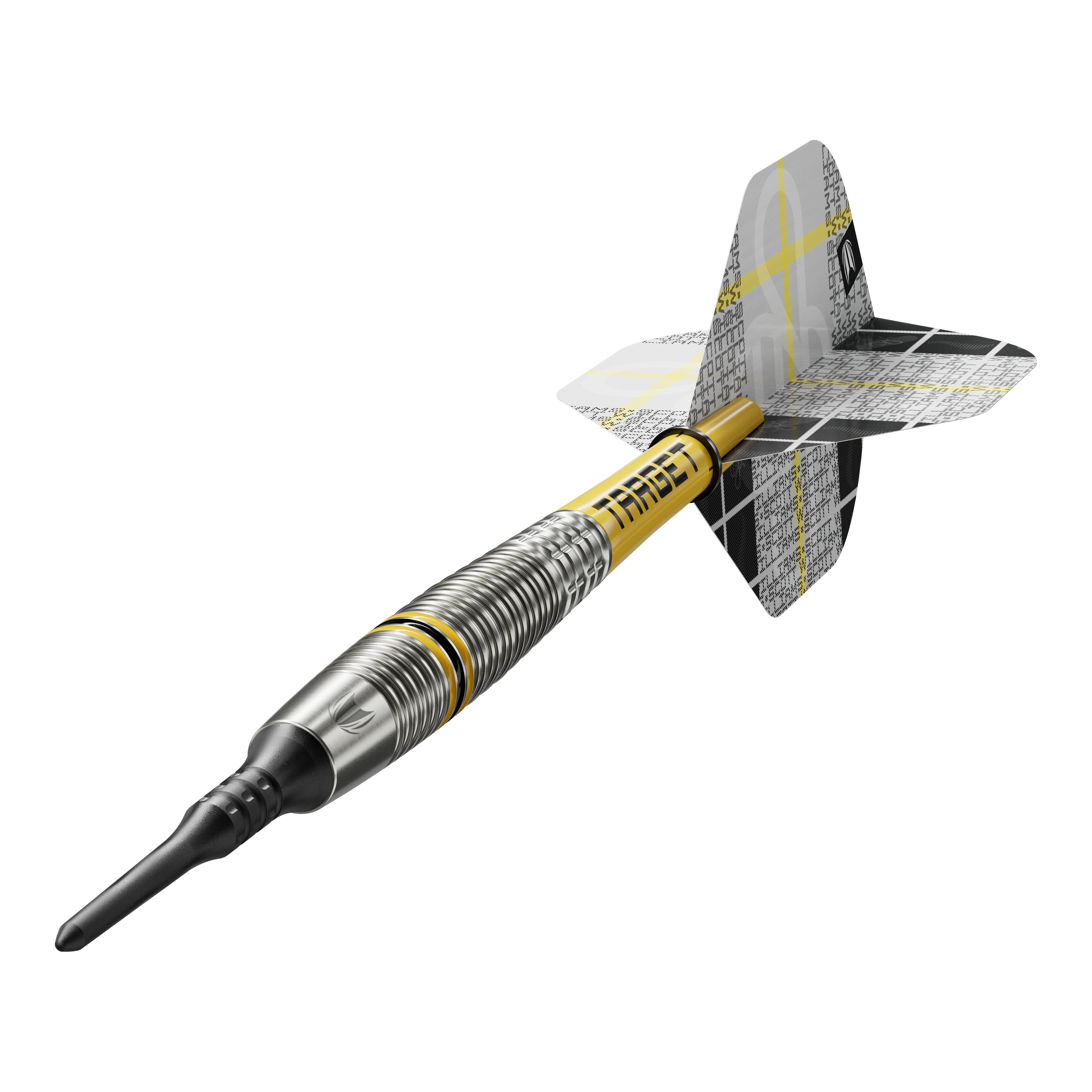 Target Scott Williams GEN2 soft darts - 18g Das Bild zeigt einen Target Scott Williams GEN2 Softdart mit einem Gewicht von 18 Gramm. Der Dart hat ein silbernes Barrel mit gelben Akzenten und einen schwarz-gelben Flight.