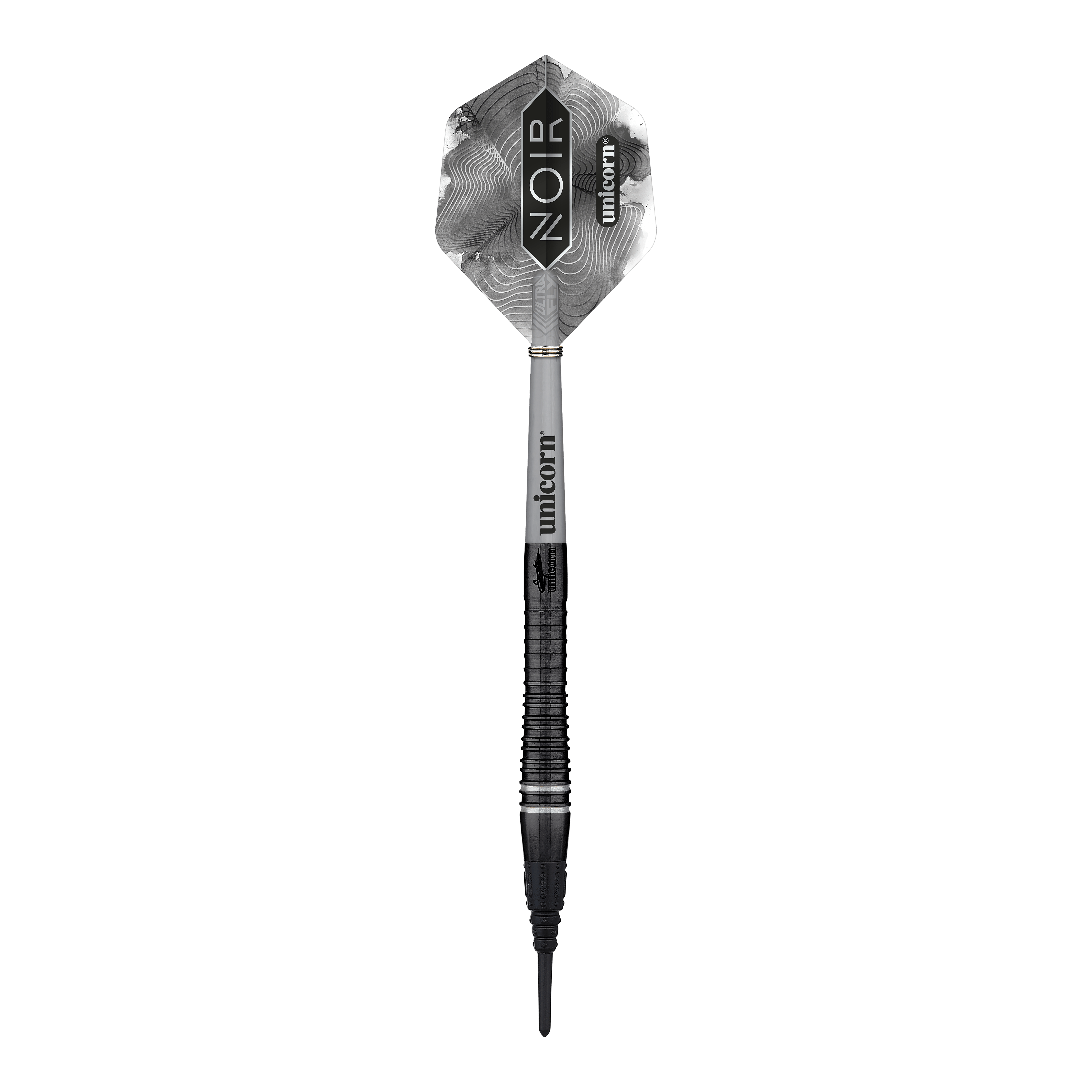 Unicorn World Champion Gary Anderson Noir Phase 6 Soft Darts Das Bild zeigt einen Softdart aus der Produktreihe "Unicorn World Champion Gary Anderson Noir Phase 6". Der Dart hat ein schwarzes, elegantes Design mit der Aufschrift "Noir" und "Unicorn" auf dem Flight.