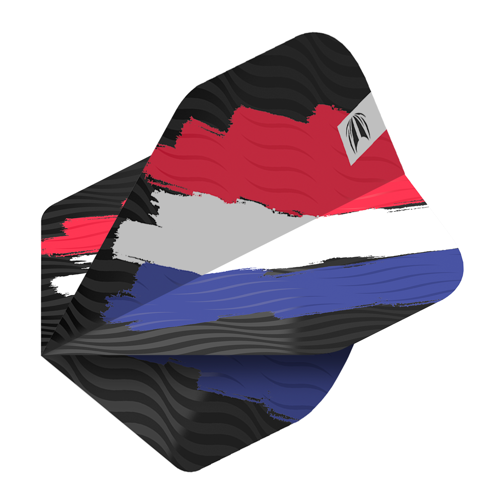 Das Bild zeigt das Produkt „Target ProUltra Flag Holland No2 Standard Flights“. Die Dart-Flights sind in den Farben der niederländischen Flagge gestaltet: Rot, Weiß und Blau.