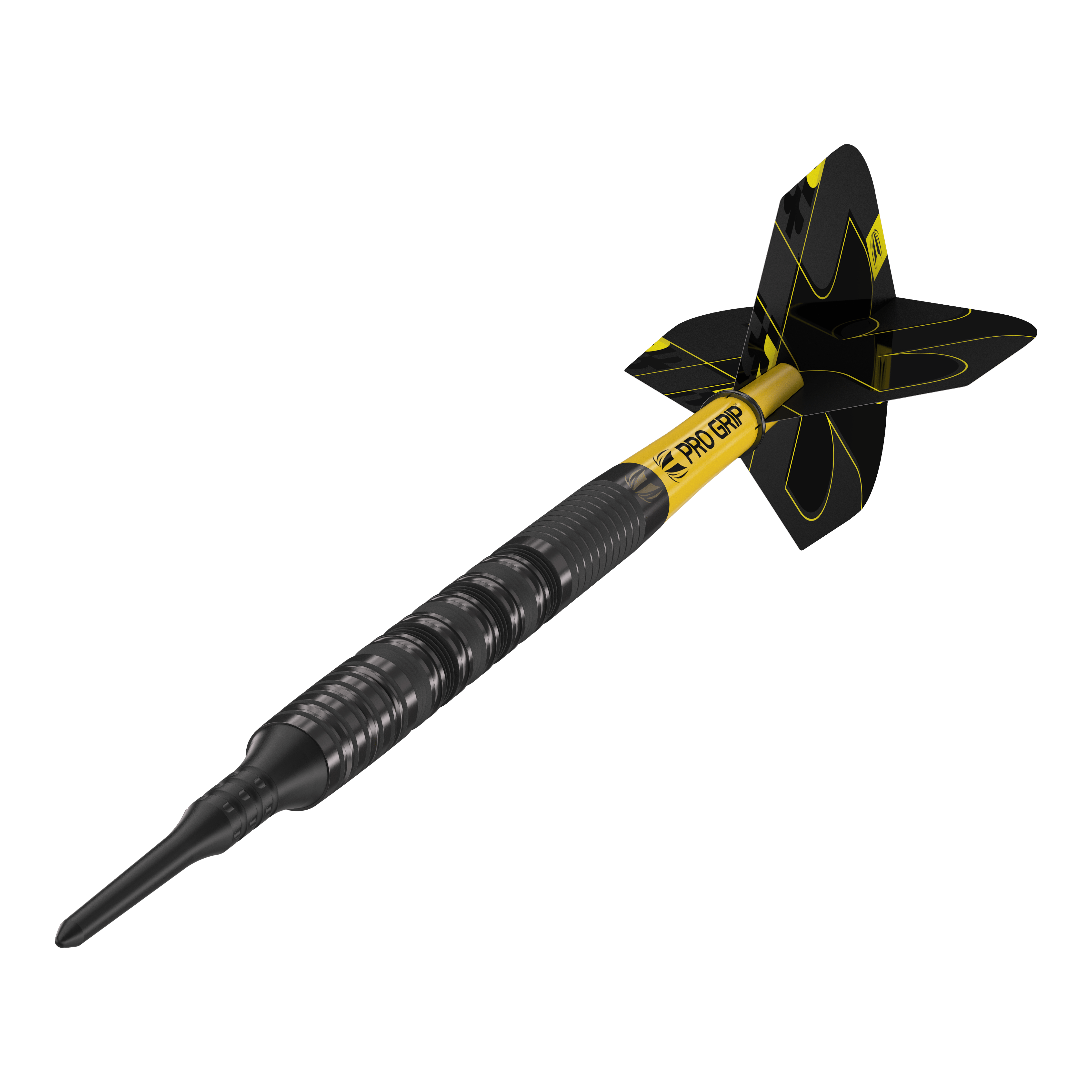 Target Bolide Void 10 soft darts Das Bild zeigt einen Target Bolide Void 10 Softdart. Der Softdart ist schwarz mit gelben Akzenten und hat eine strukturierte Griffzone.