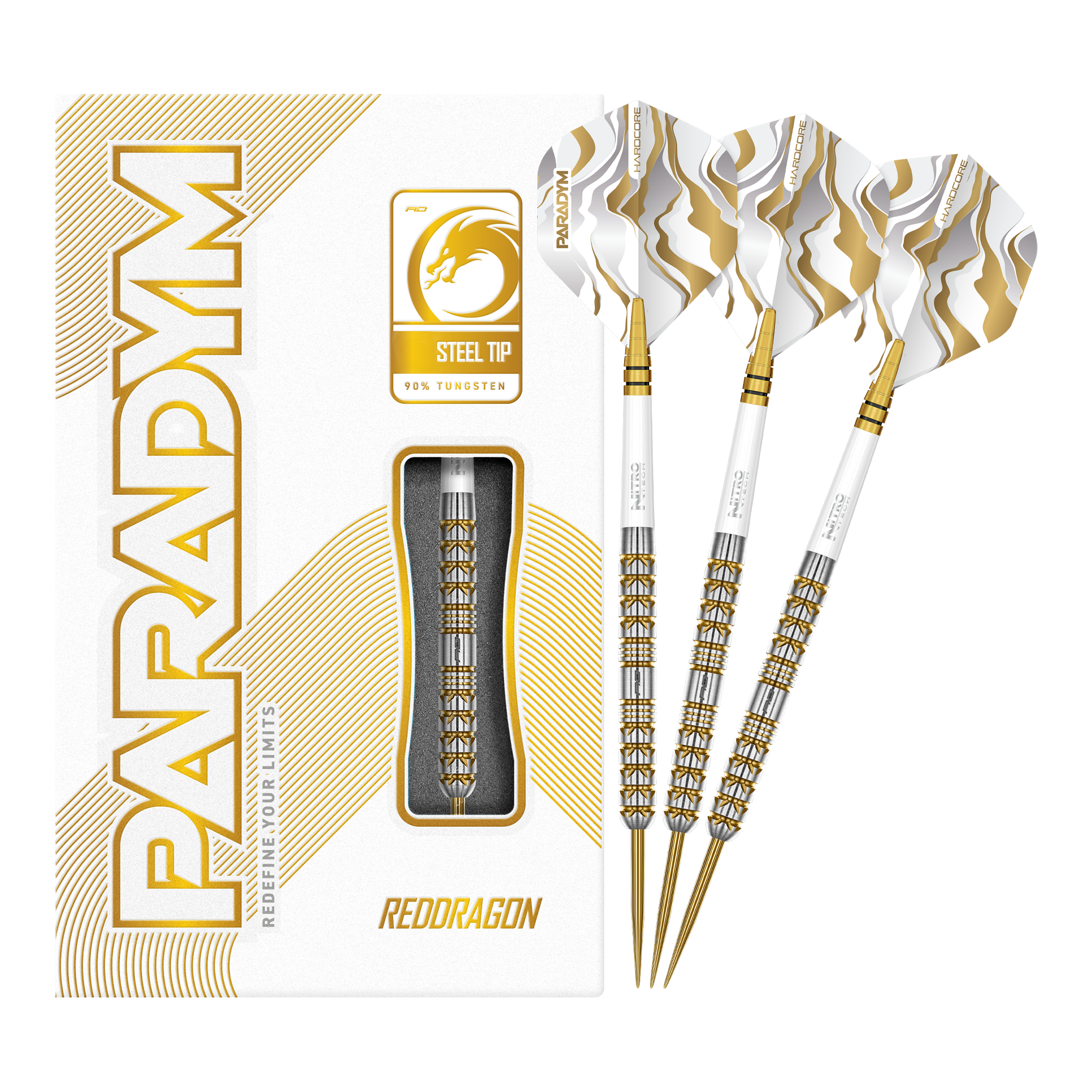 Abgebildet sind die Red Dragon Paradym Gold Parallel Steeldarts in voller Länge. Diese Steeldarts zeichnen sich durch ein geradliniges und glänzendes Design aus.