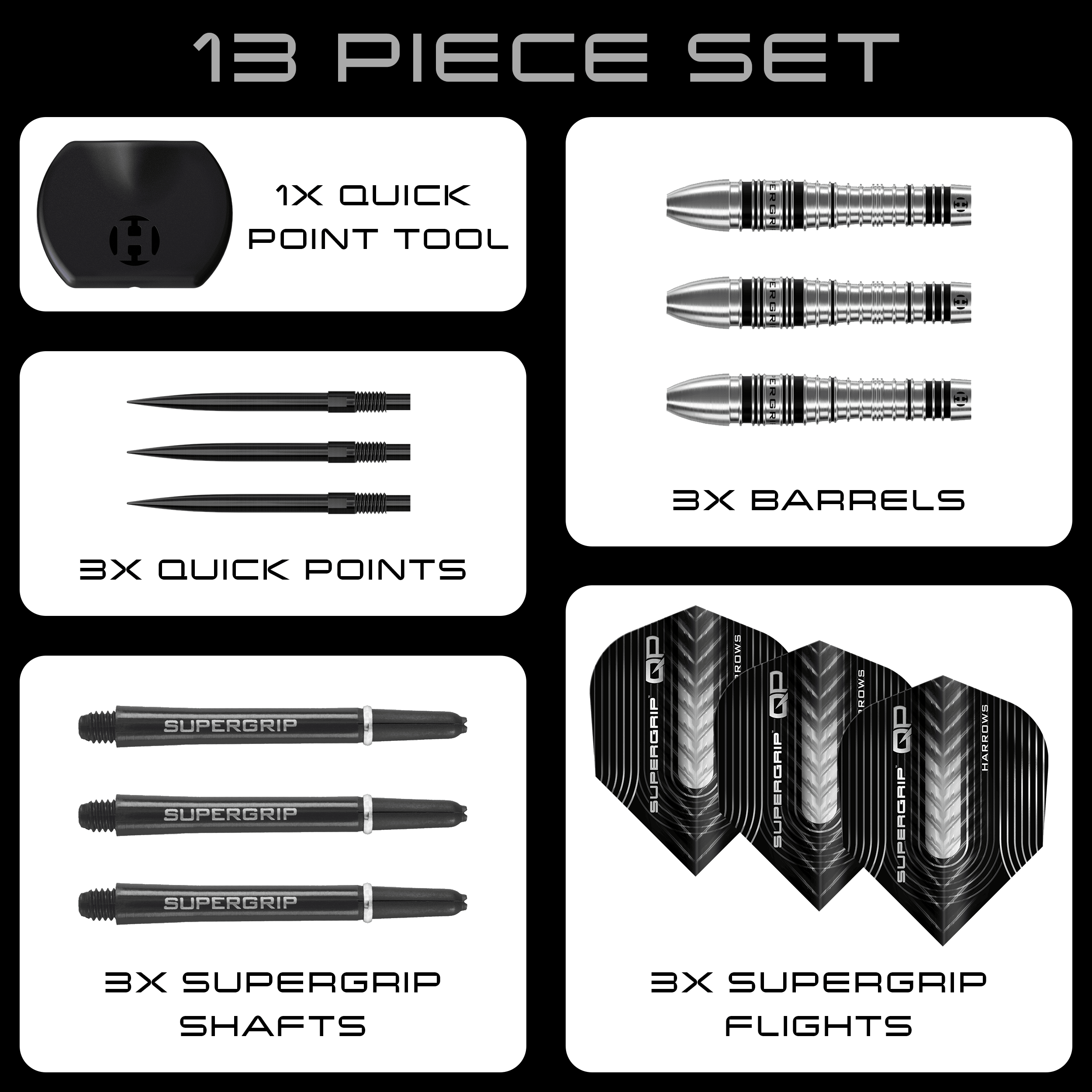 Hier sind die Harrows Supergrip Bomb Quick Point Steeldarts zu sehen. Die Darts eignen sich hervorragend für präzises Spiel.