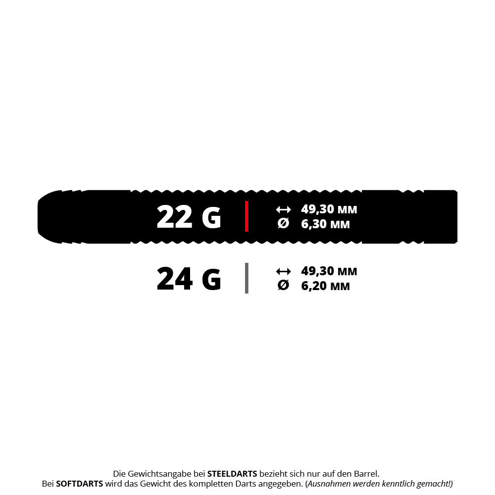 Bulls Jermaine Wattimena Generation 3 steel darts Das Bild zeigt die Maße und Gewichte der Jermaine Wattimena Generation 3 Steeldarts. Es gibt zwei Varianten: 22 Gramm (49,30 mm lang, 6,30 mm Durchmesser) und 24 Gramm (49,30 mm lang, 6,20 mm Durchmesser).
