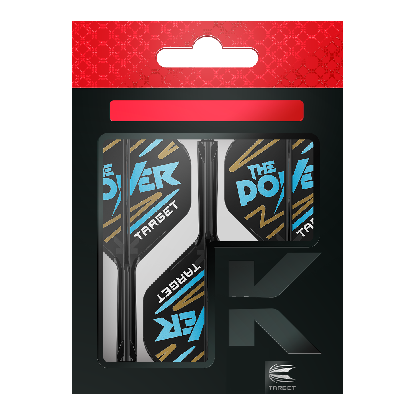 Target K-Flex Phil Taylor No2 Standard Flight Shaft System Das Bild zeigt eine Packung „Target K-Flex Phil Taylor No2 Standard Flights“. Die Flights sind überwiegend schwarz und weiß mit blauen und goldenen Akzenten und der Aufschrift „The Power“.