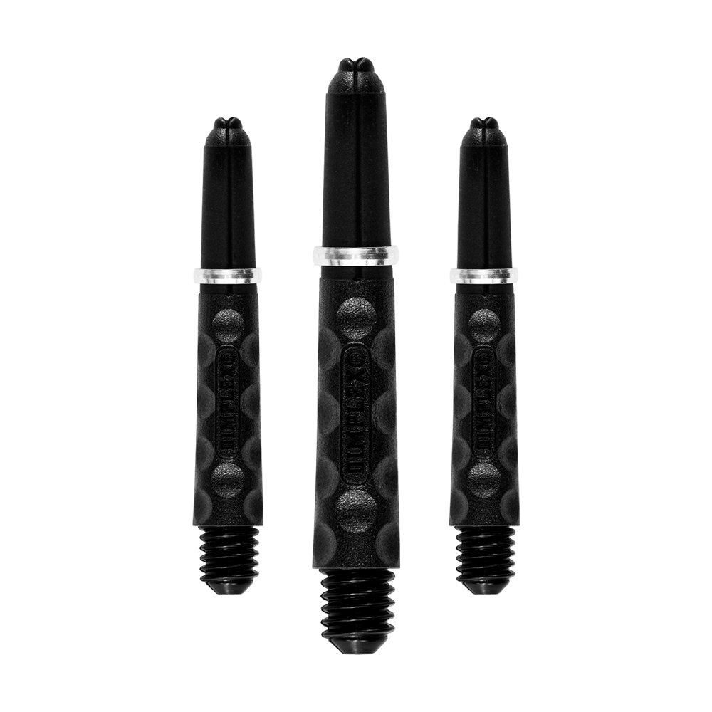 HR321_Harrows_Dimplex_Shafts_Schwarz_34mm_1qSfNVDm349Ao8 Auf dem Bild sind drei schwarze Dartschäfte in unterschiedlichen Längen zu sehen. Sie haben eine strukturierte Oberfläche und einen silbernen Ring in der Mitte.