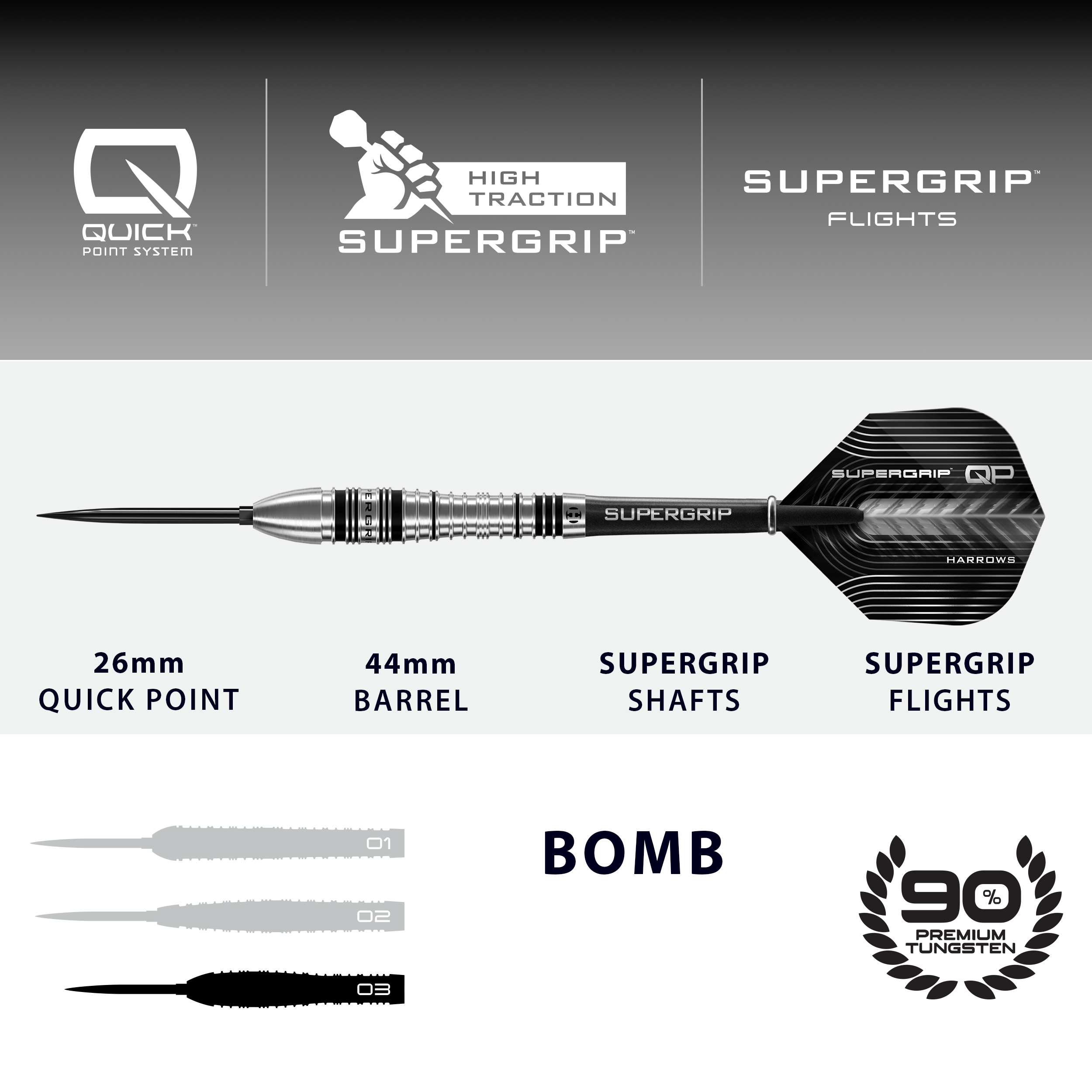 Harrows Supergrip Bomb Quick Point Steel Darts Dies ist ein Bild der Harrows Supergrip Bomb Quick Point Steeldarts. Die Steeldarts zeichnen sich durch ihren besonders guten Grip aus.