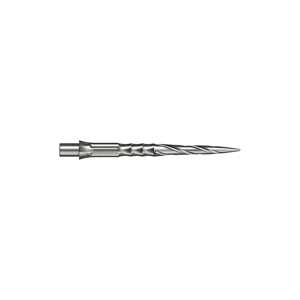 Caliburn System steel dart tips - Spiro - NoLip - silver Hier sind silberne Steeldartspitzen des Caliburn Evo Systems mit Spiro-Design und 28 mm Länge abgebildet. Zwei dieser Spitzen liegen nebeneinander.