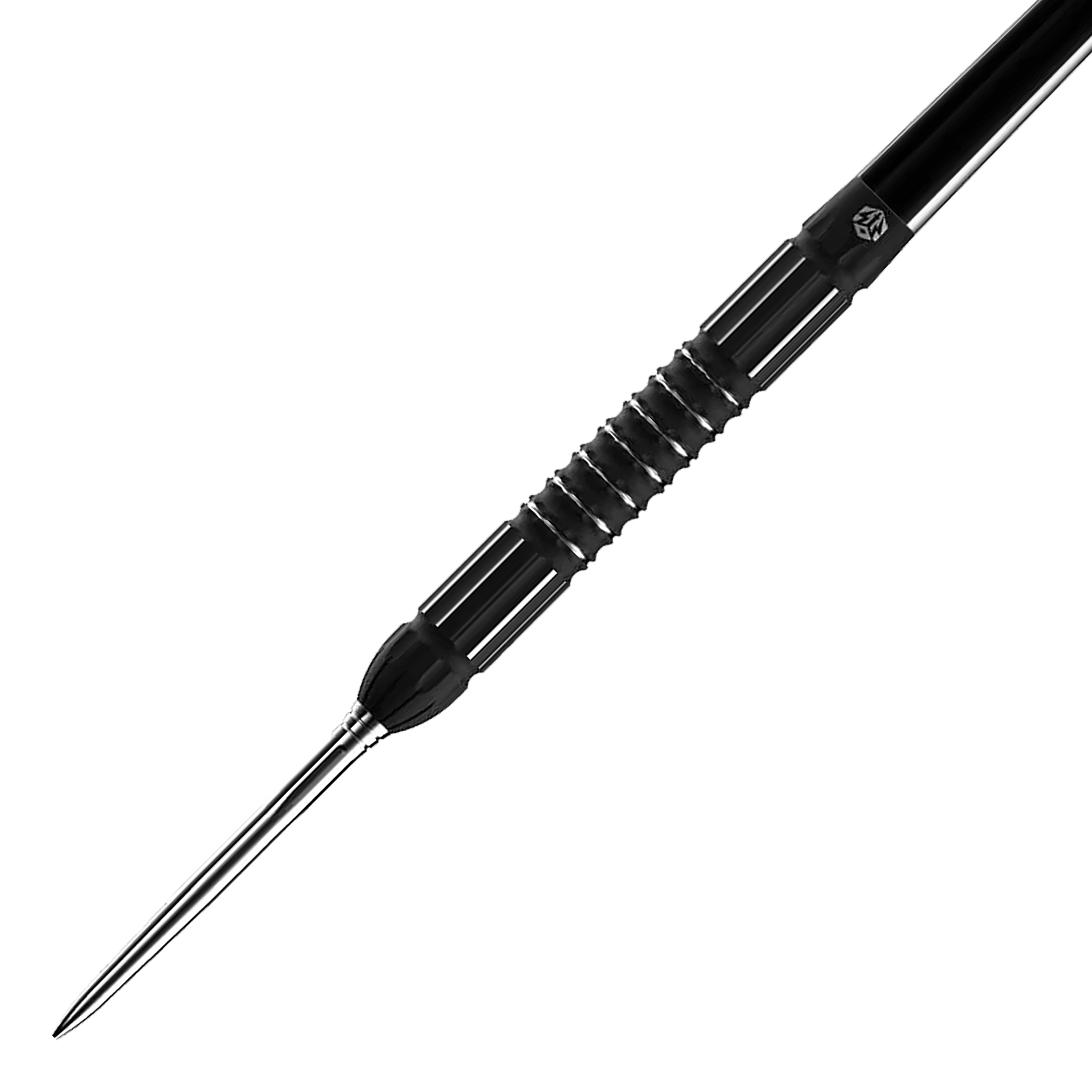 Das Bild zeigt den Caliburn Sword S2 Steeldart. Der Dartpfeil hat ein schwarzes, geriffeltes Griffstück und eine silberne Spitze.