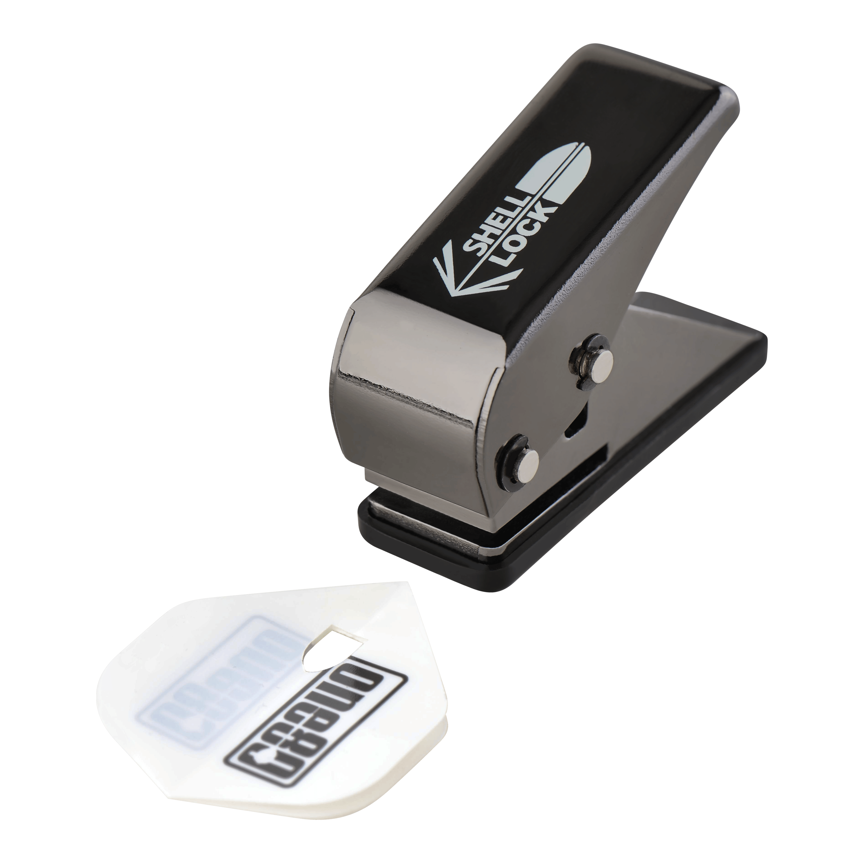 L-Style One80 Shell Lock Punch Flight Punch Das Bild zeigt den L-Style One80 Shell Lock Punch Flightlocher. Neben dem Locher liegt ein gestanztes Dart-Flight.
